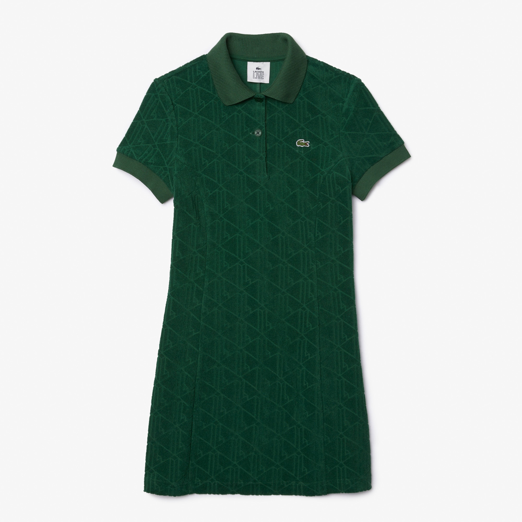 Lacoste L!VE Kadın Regular Fit Kısa Kollu Polo Yaka Desenli Yeşil Elbise