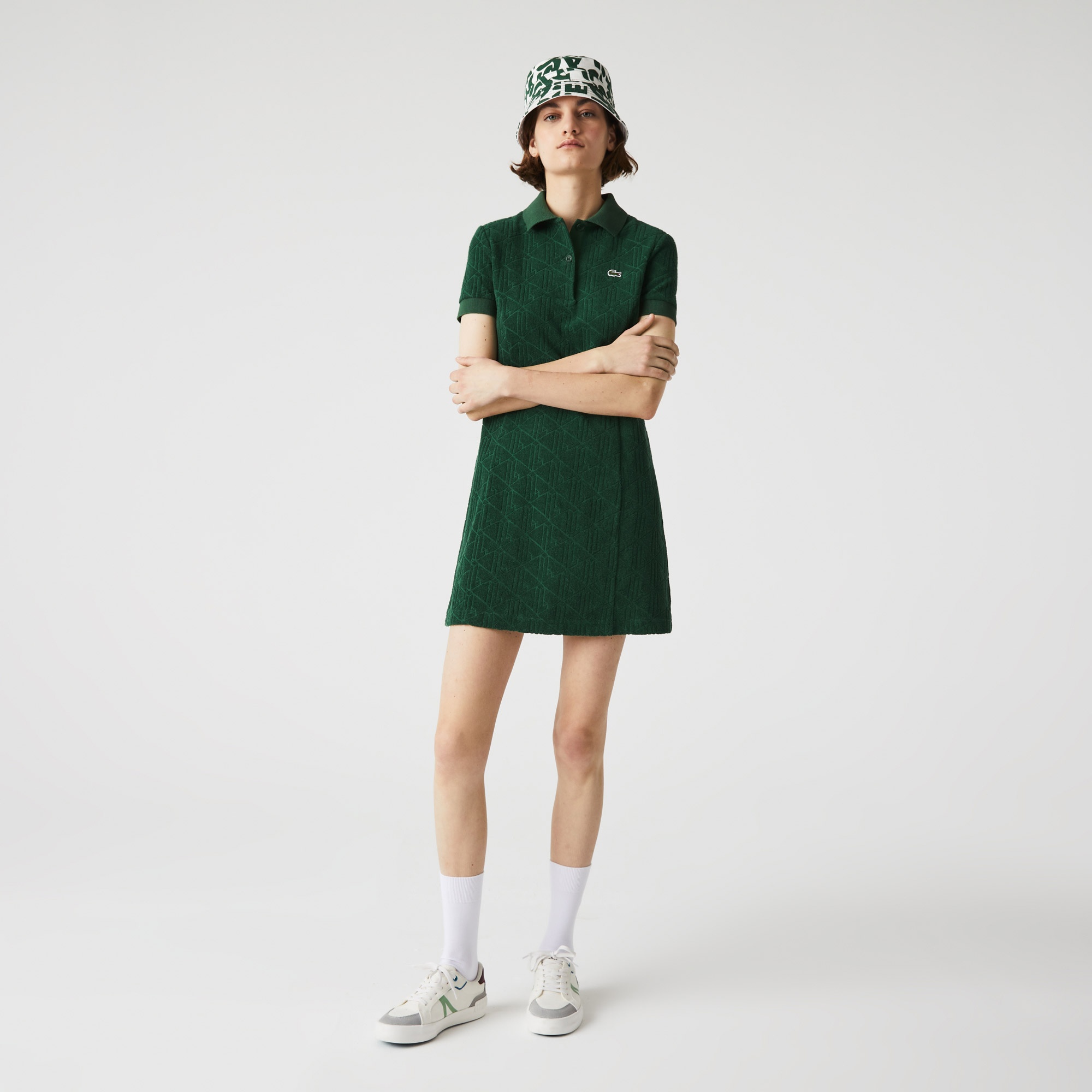 Lacoste L!VE Kadın Regular Fit Kısa Kollu Polo Yaka Desenli Yeşil Elbise