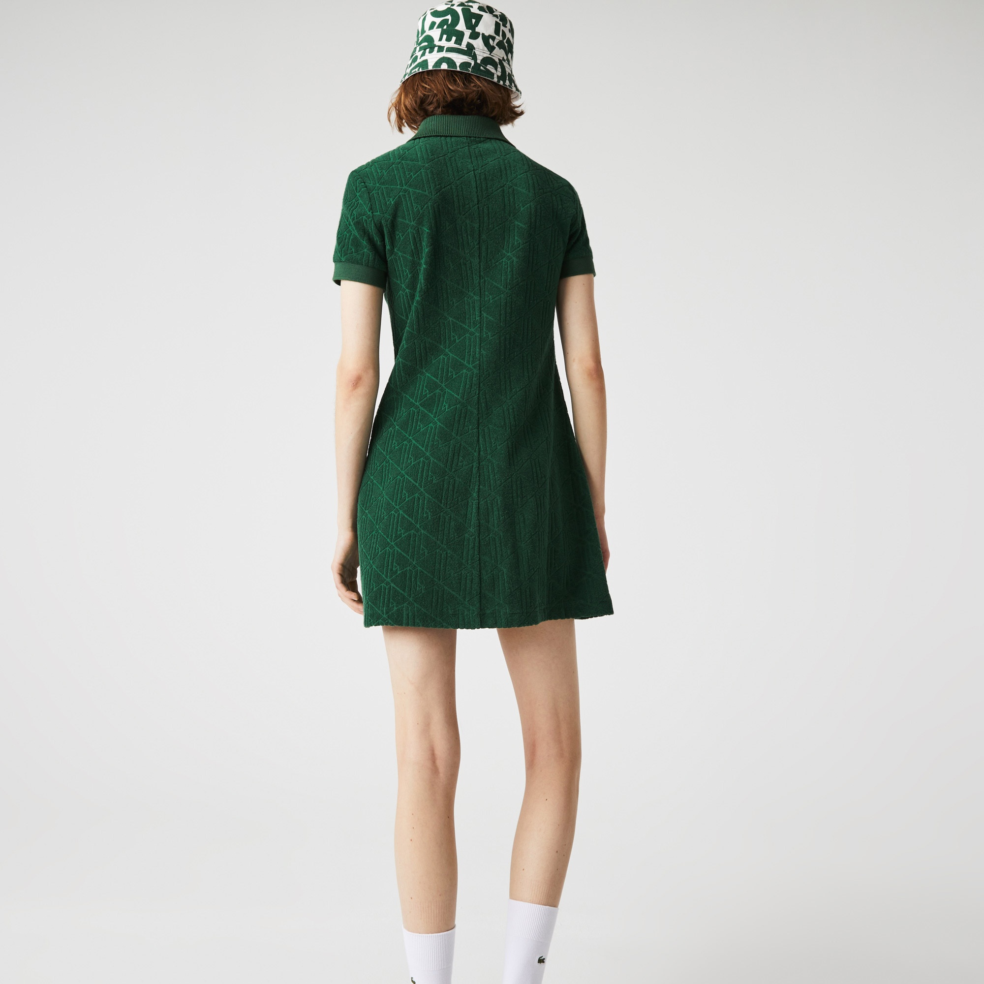 Lacoste L!VE Kadın Regular Fit Kısa Kollu Polo Yaka Desenli Yeşil Elbise