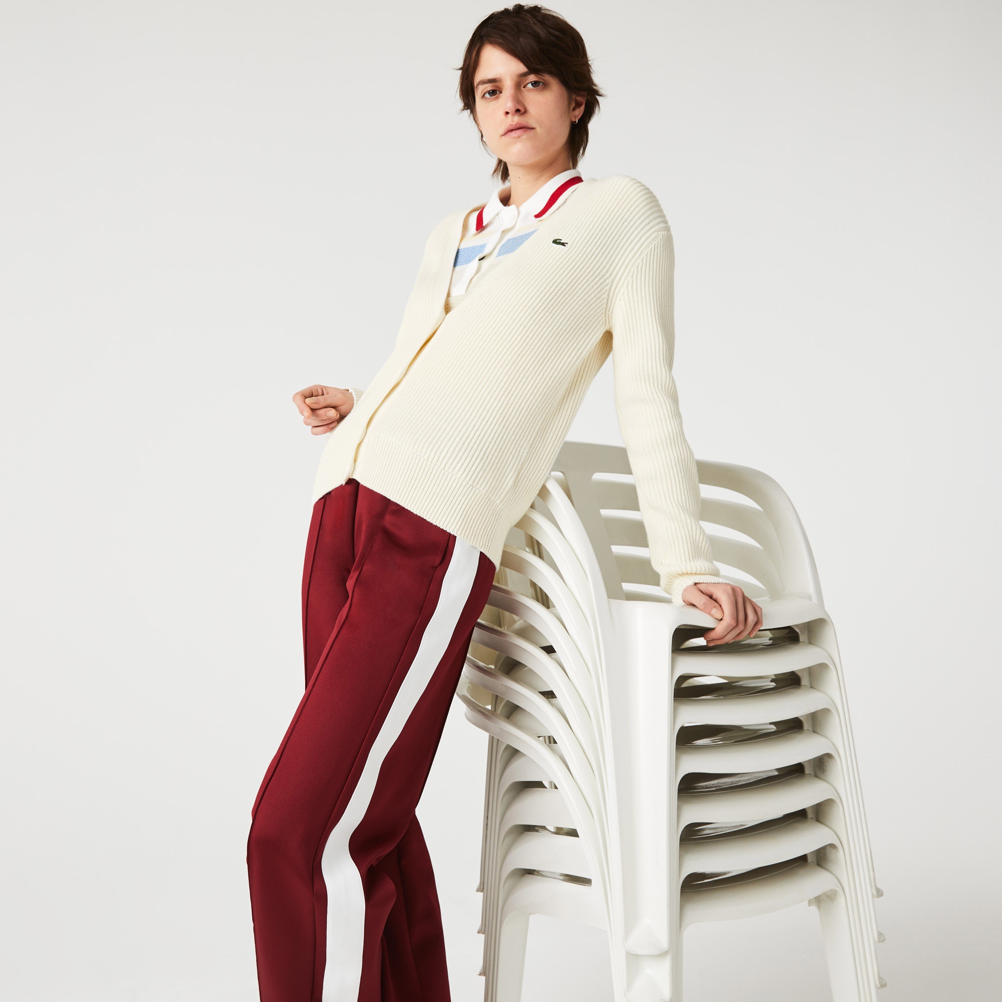 Lacoste Kadın V Yaka Krem Hırka