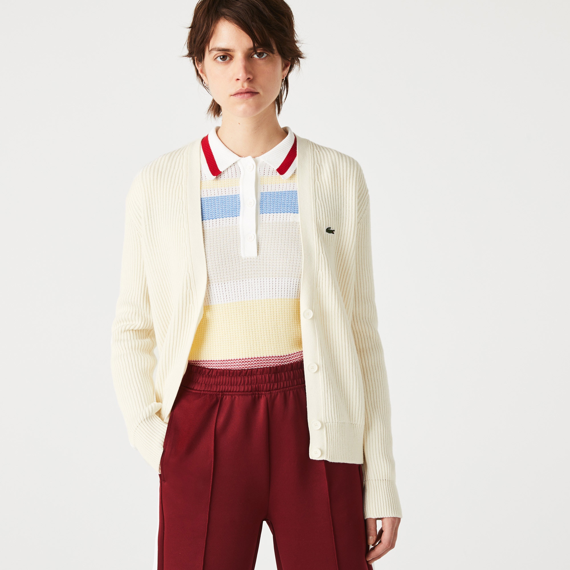 Lacoste Kadın V Yaka Krem Hırka