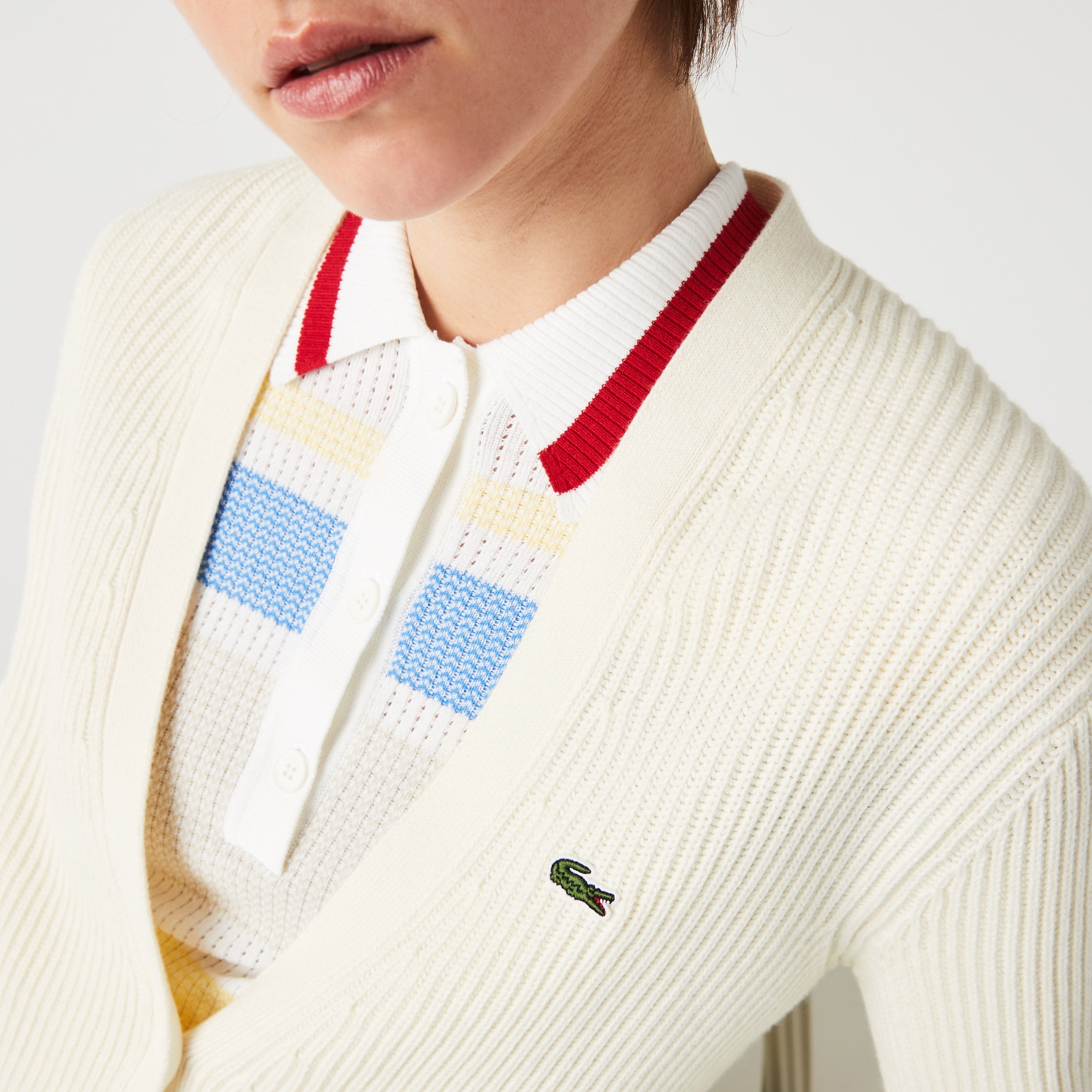 Lacoste Kadın V Yaka Krem Hırka