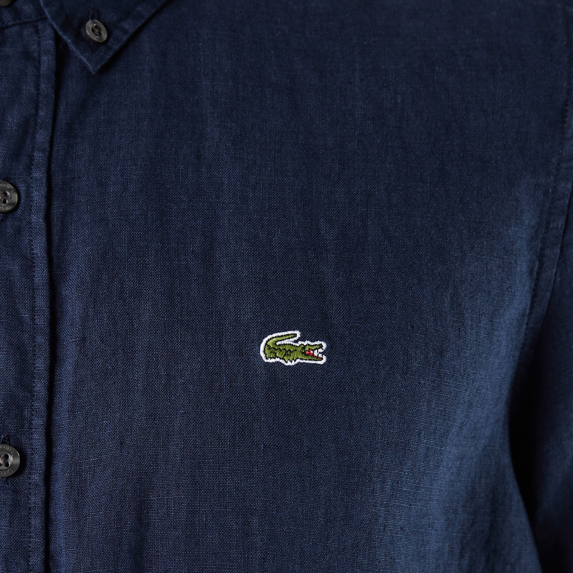 Lacoste Erkek Slim Fit Kısa Kollu Keten Lacivert Gömlek