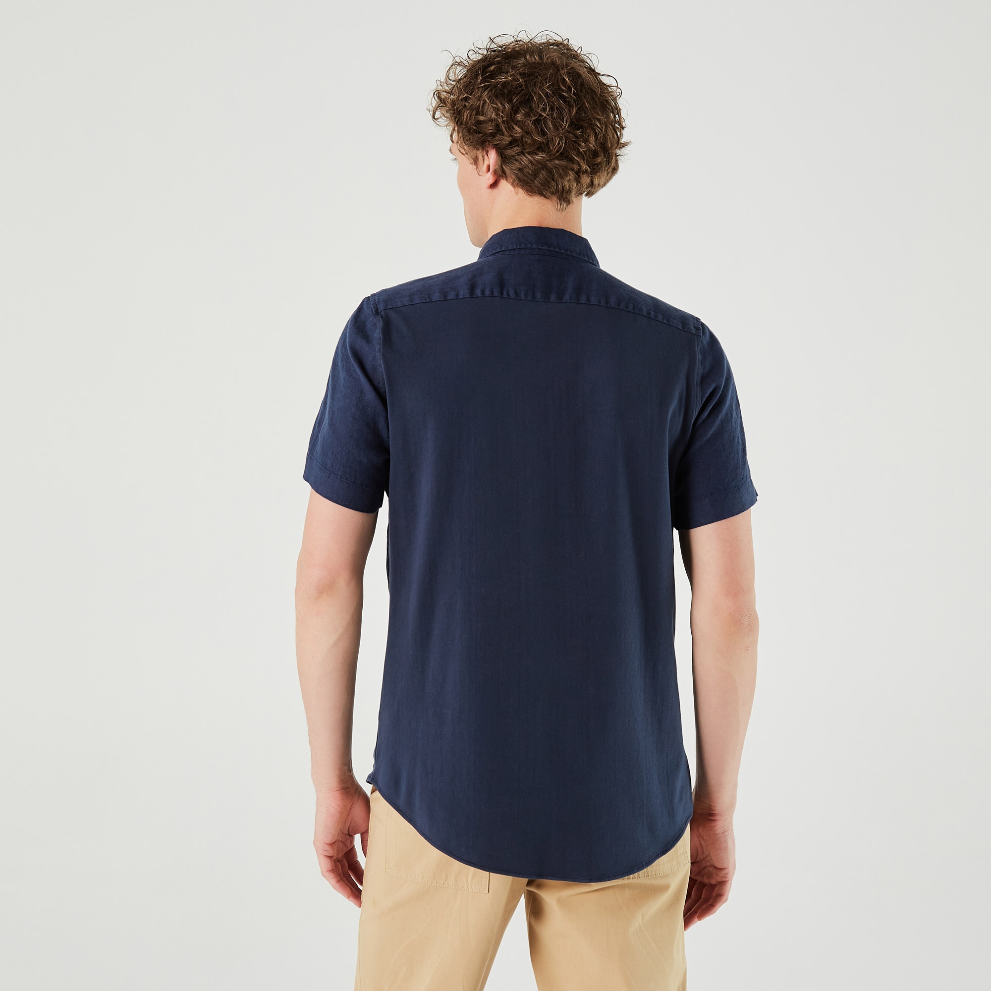 Lacoste Erkek Slim Fit Kısa Kollu Keten Lacivert Gömlek