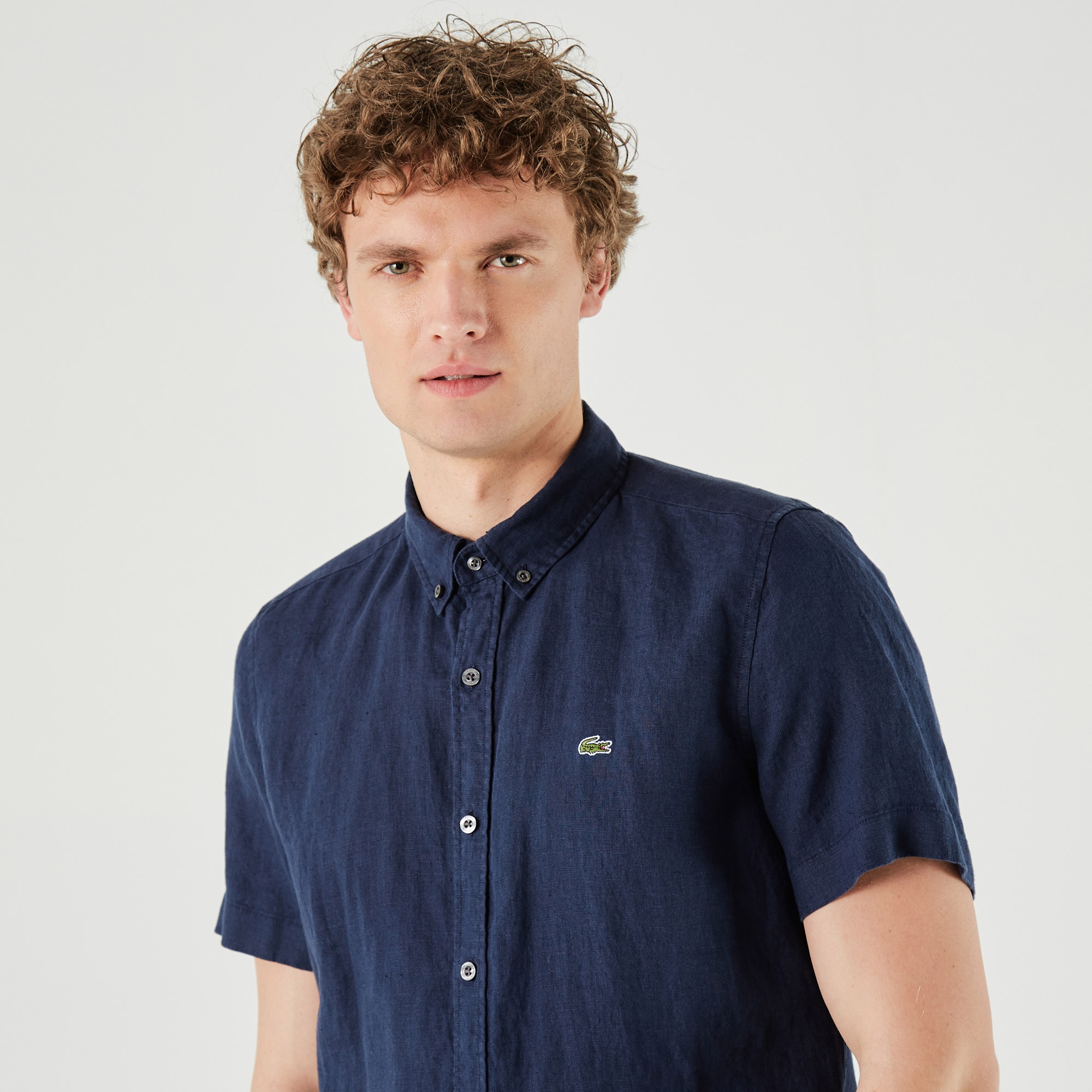 Lacoste Erkek Slim Fit Kısa Kollu Keten Lacivert Gömlek