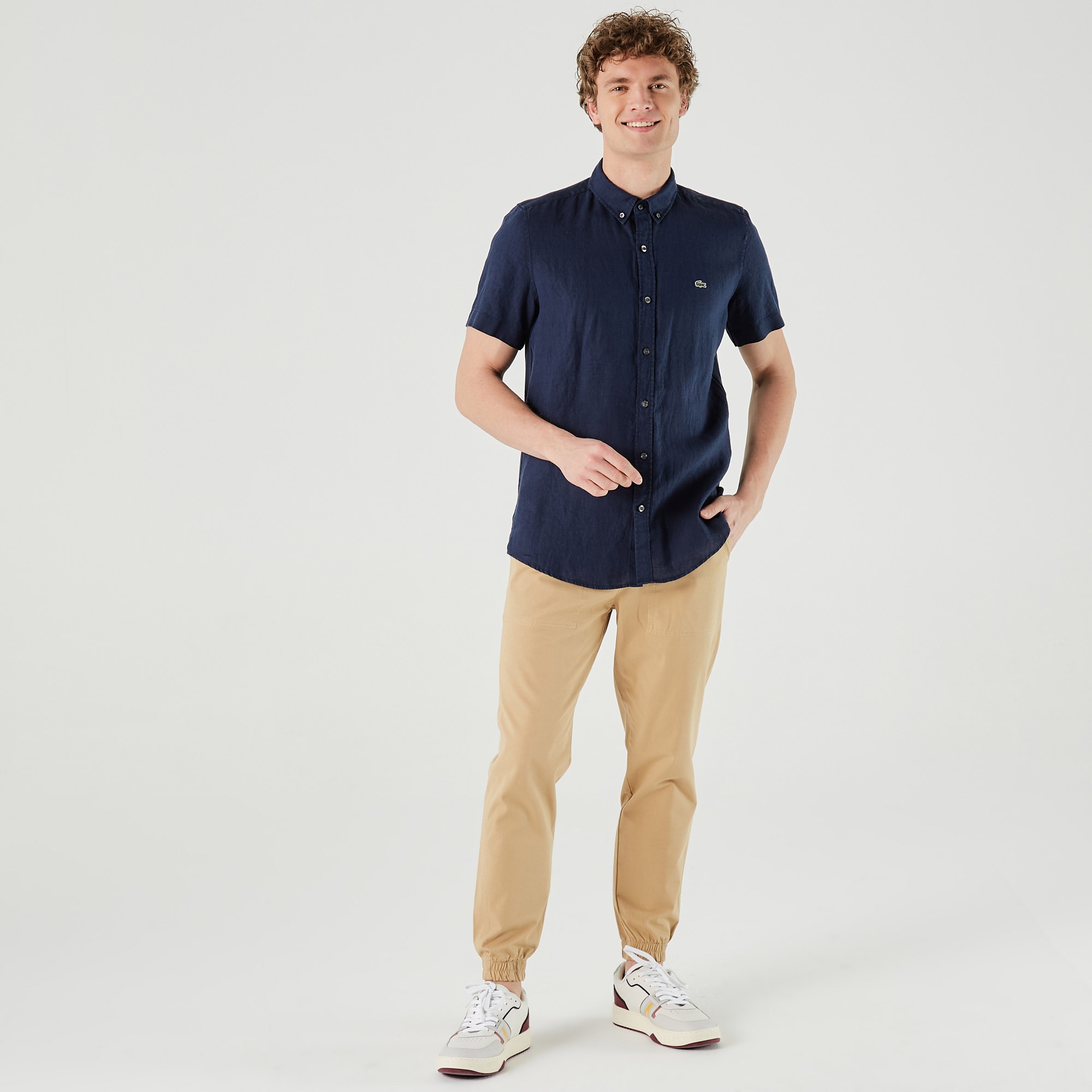 Lacoste Erkek Slim Fit Kısa Kollu Keten Lacivert Gömlek