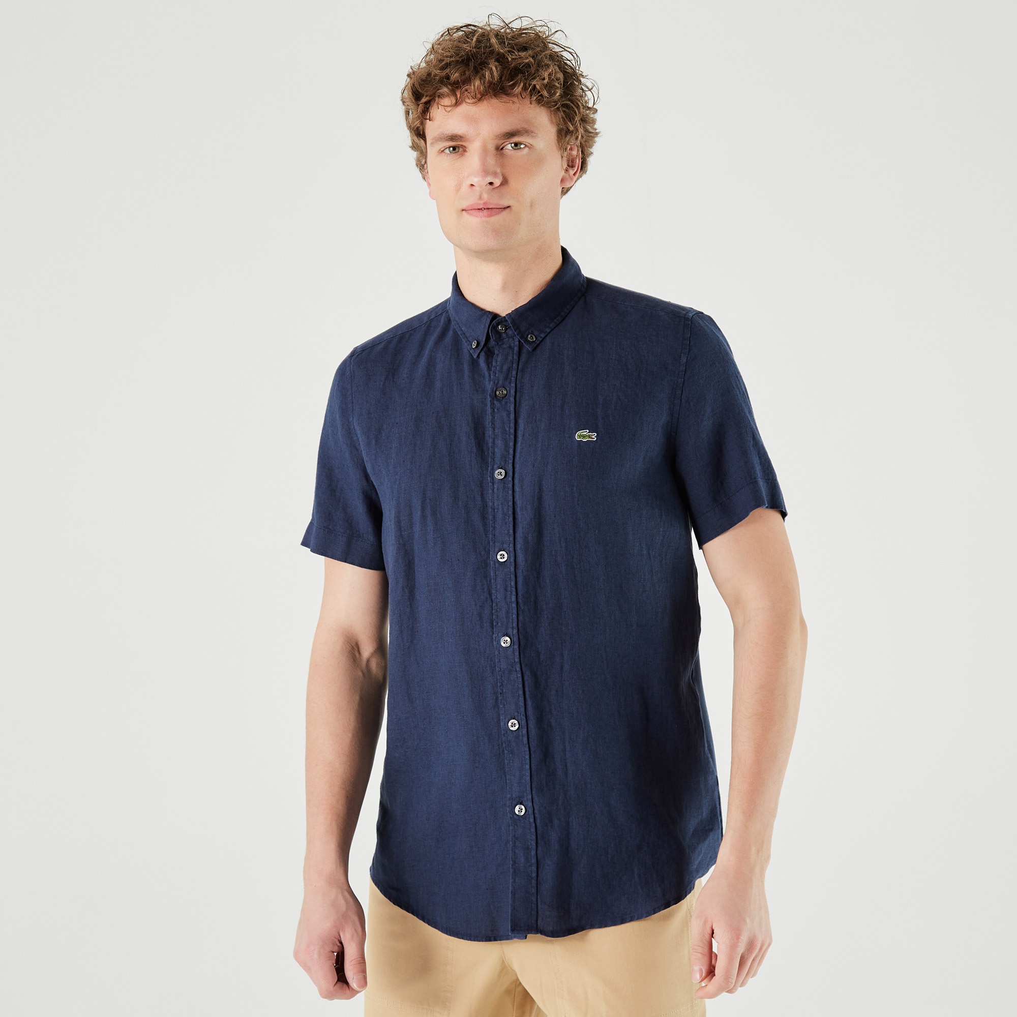 Lacoste Erkek Slim Fit Kısa Kollu Keten Lacivert Gömlek