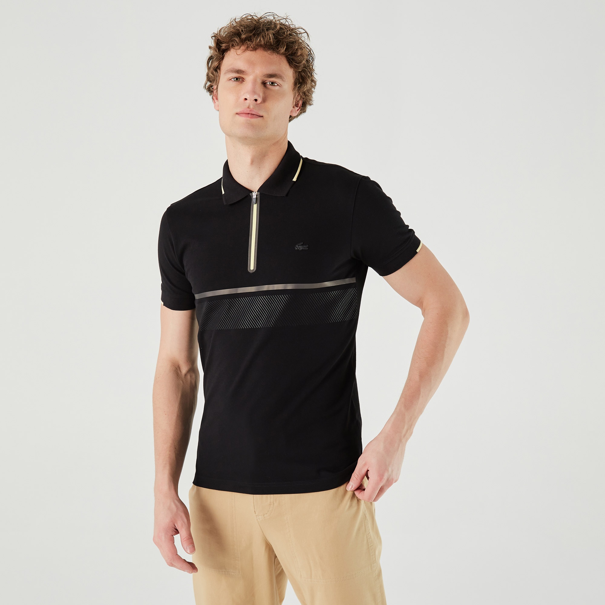 Lacoste Erkek Slim Fit Baskılı Yarım Fermuarlı Siyah Polo