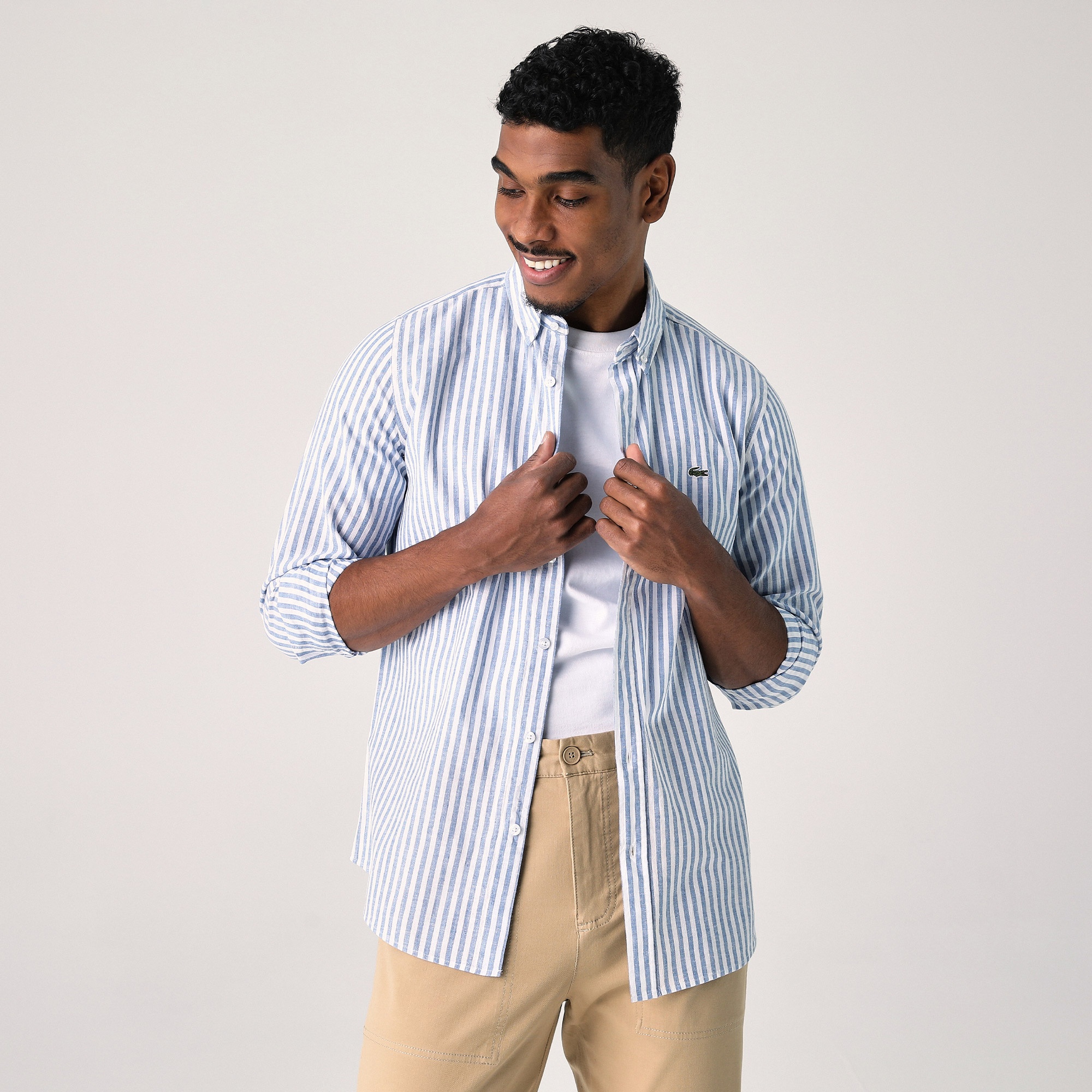 Lacoste Erkek Slim Fit Çizgili Lacivert Gömlek