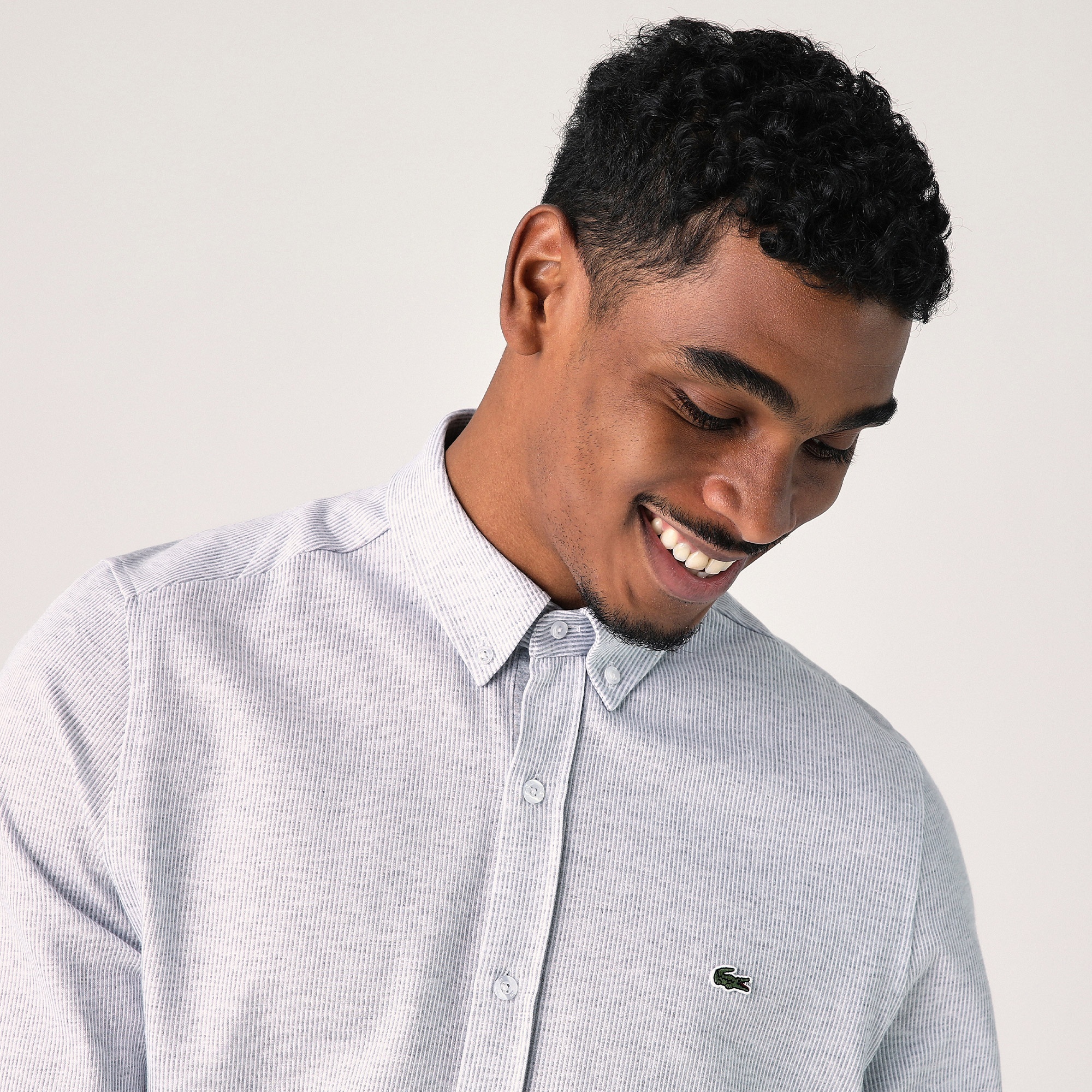 Lacoste Erkek Slim Fit Çizgili Gri Gömlek