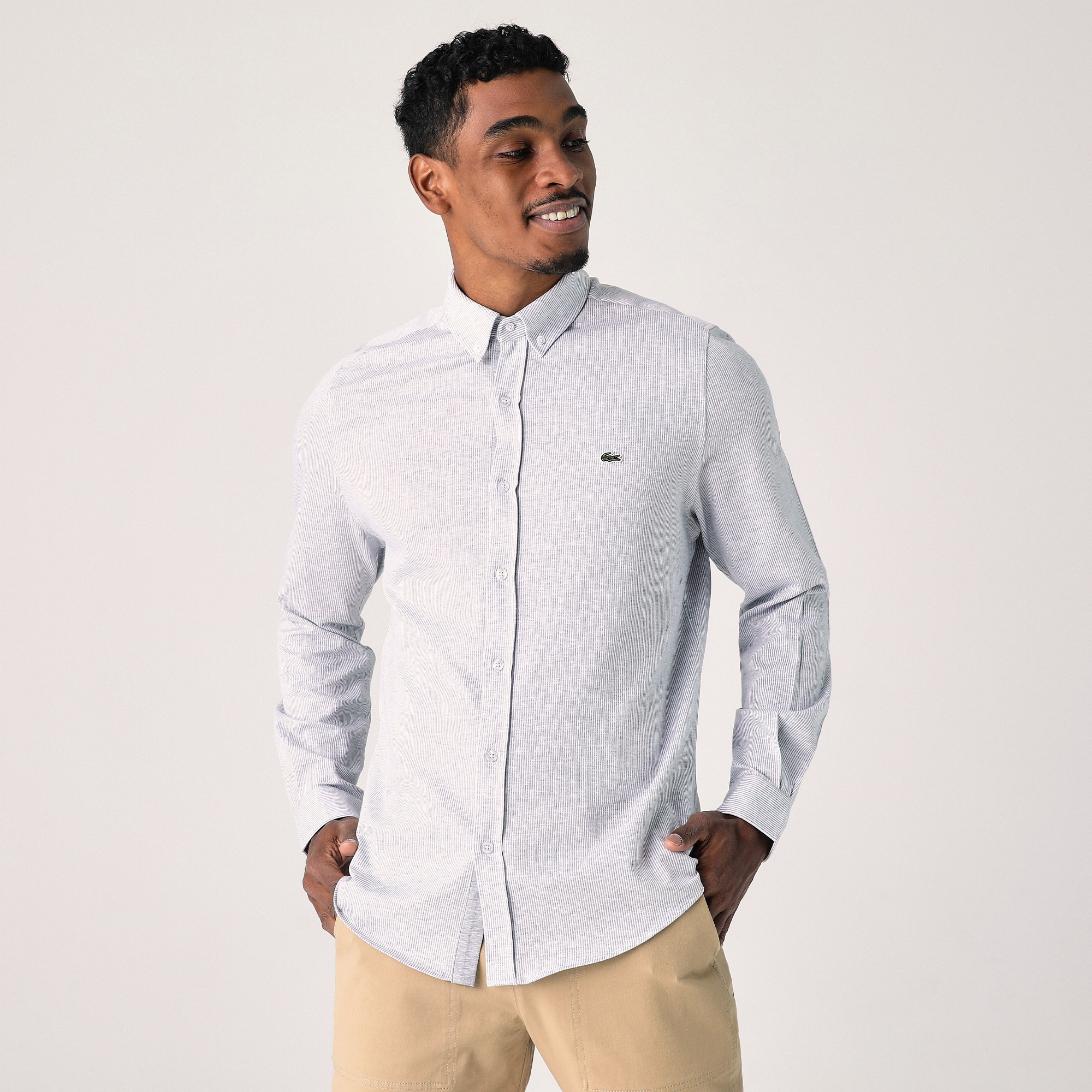 Lacoste Erkek Slim Fit Çizgili Gri Gömlek