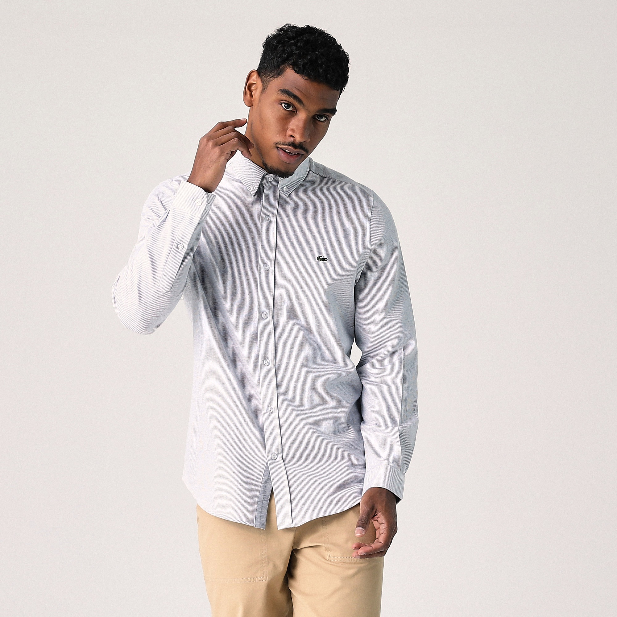 Lacoste Erkek Slim Fit Çizgili Gri Gömlek