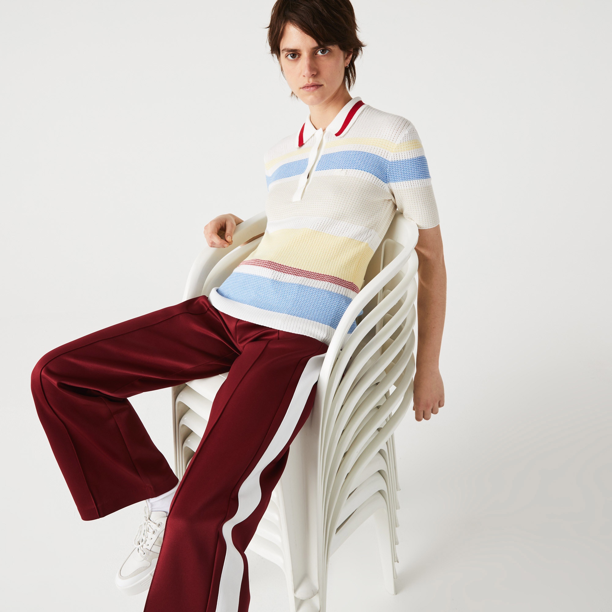 Lacoste Kadın Kısa Kollu Polo Yaka Çizgili Renkli Triko