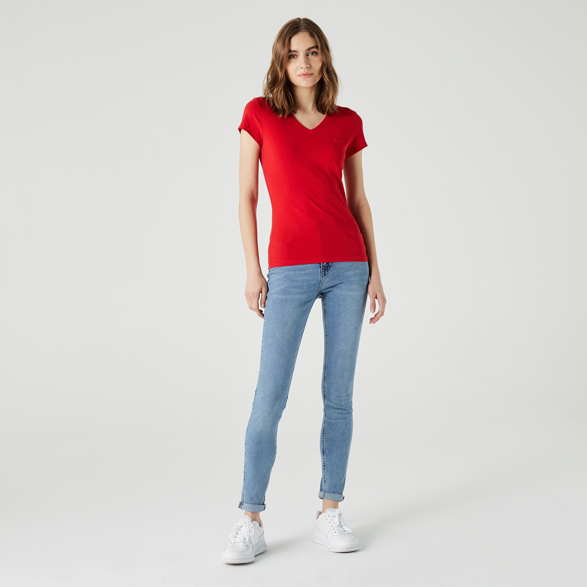 Lacoste Kadın Slim Fit V Yaka Kırmızı T-Shirt