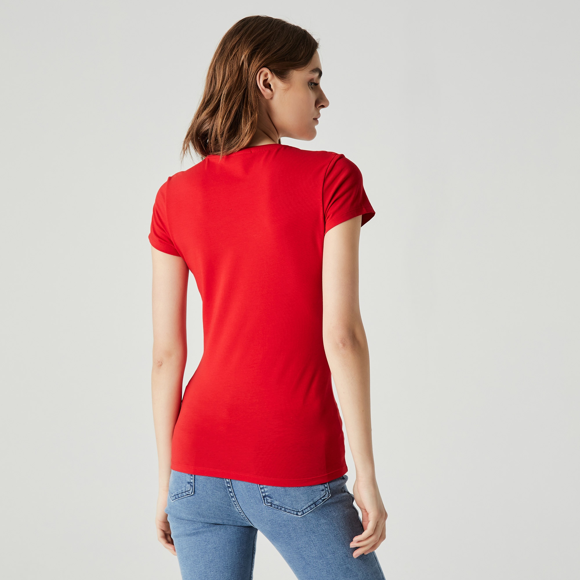 Lacoste Kadın Slim Fit V Yaka Kırmızı T-Shirt
