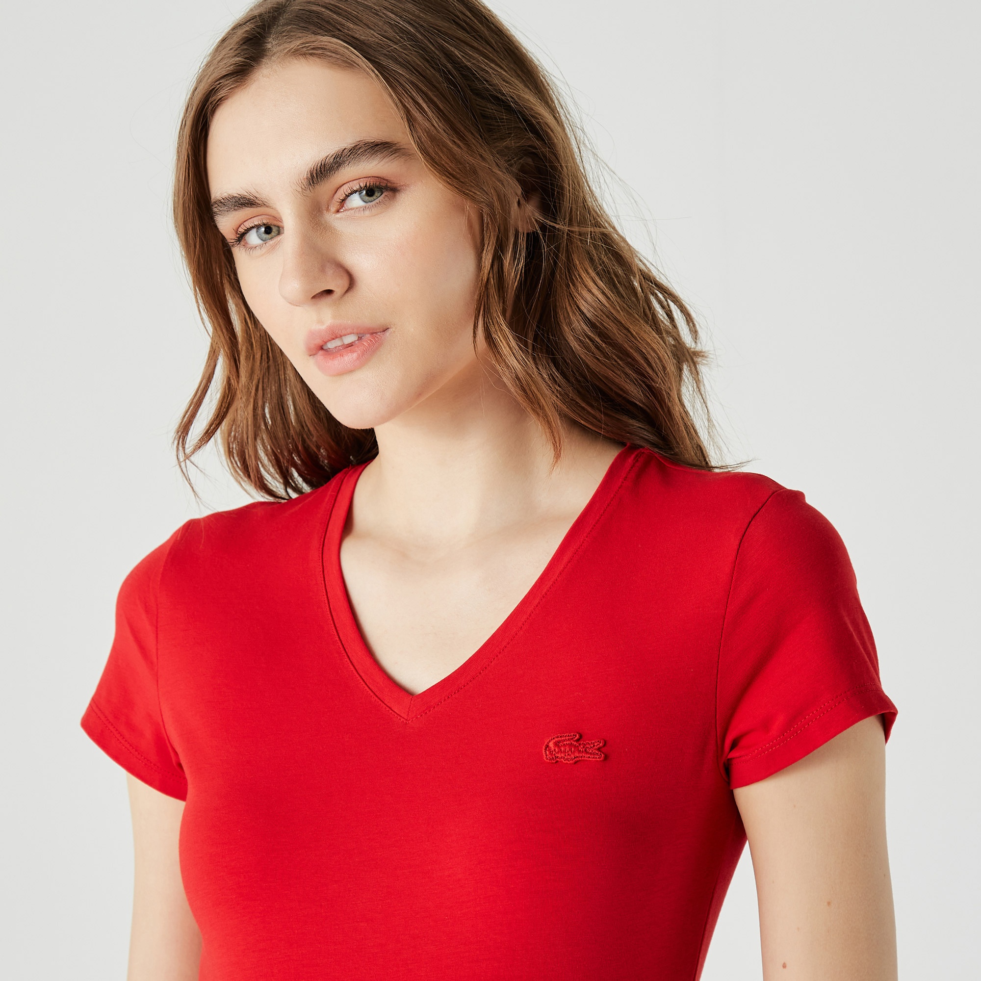 Lacoste Kadın Slim Fit V Yaka Kırmızı T-Shirt