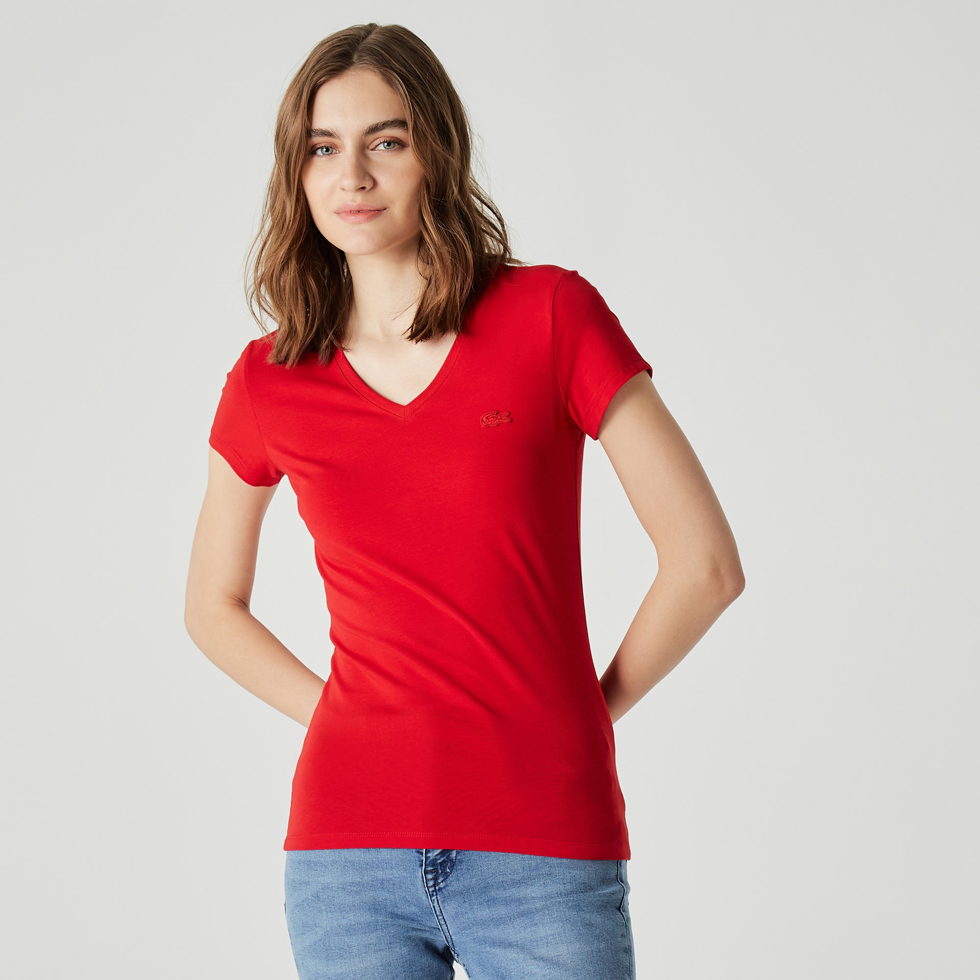 Lacoste Kadın Slim Fit V Yaka Kırmızı T-Shirt