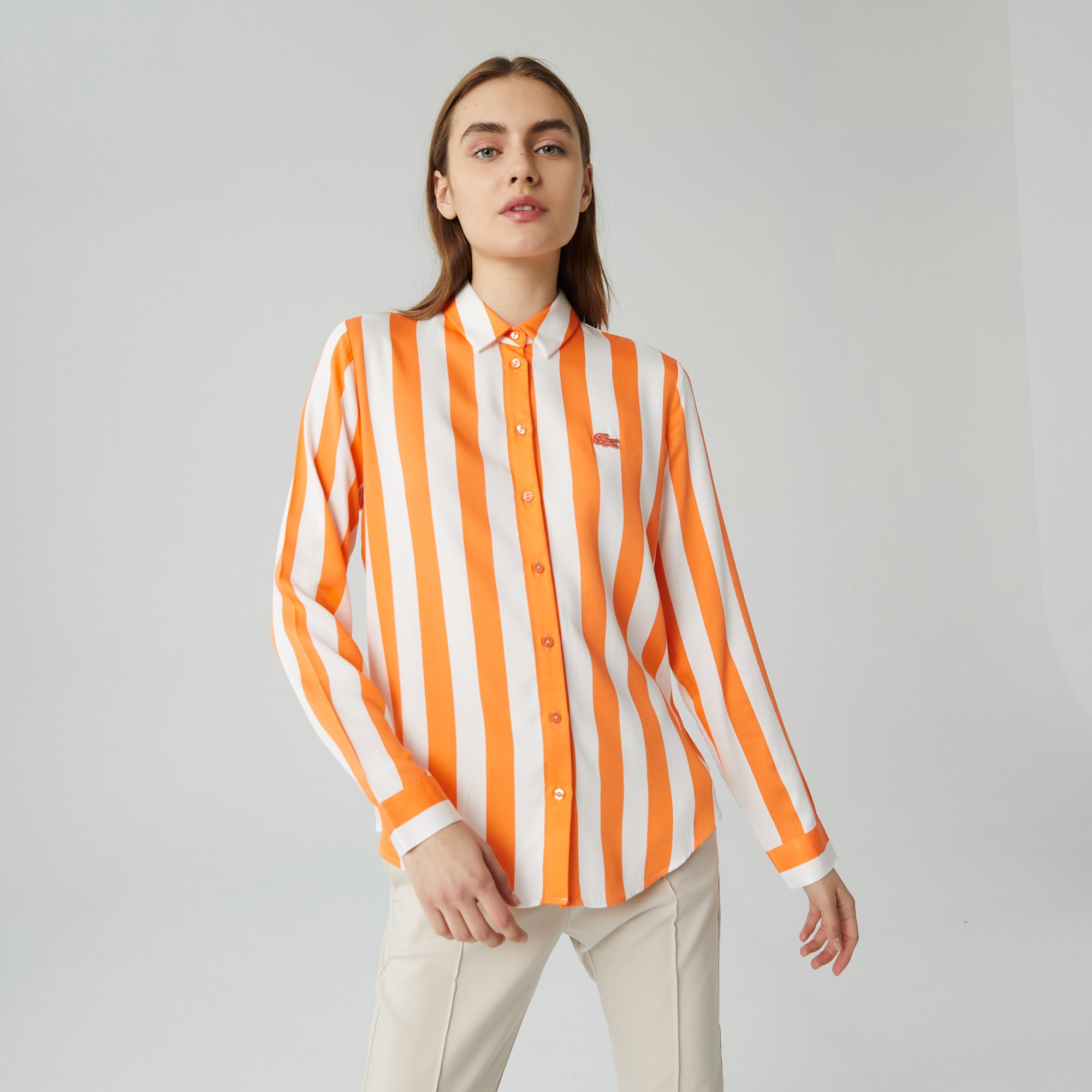 Lacoste Kadın Relaxed Fit Çizgili Turuncu Gömlek
