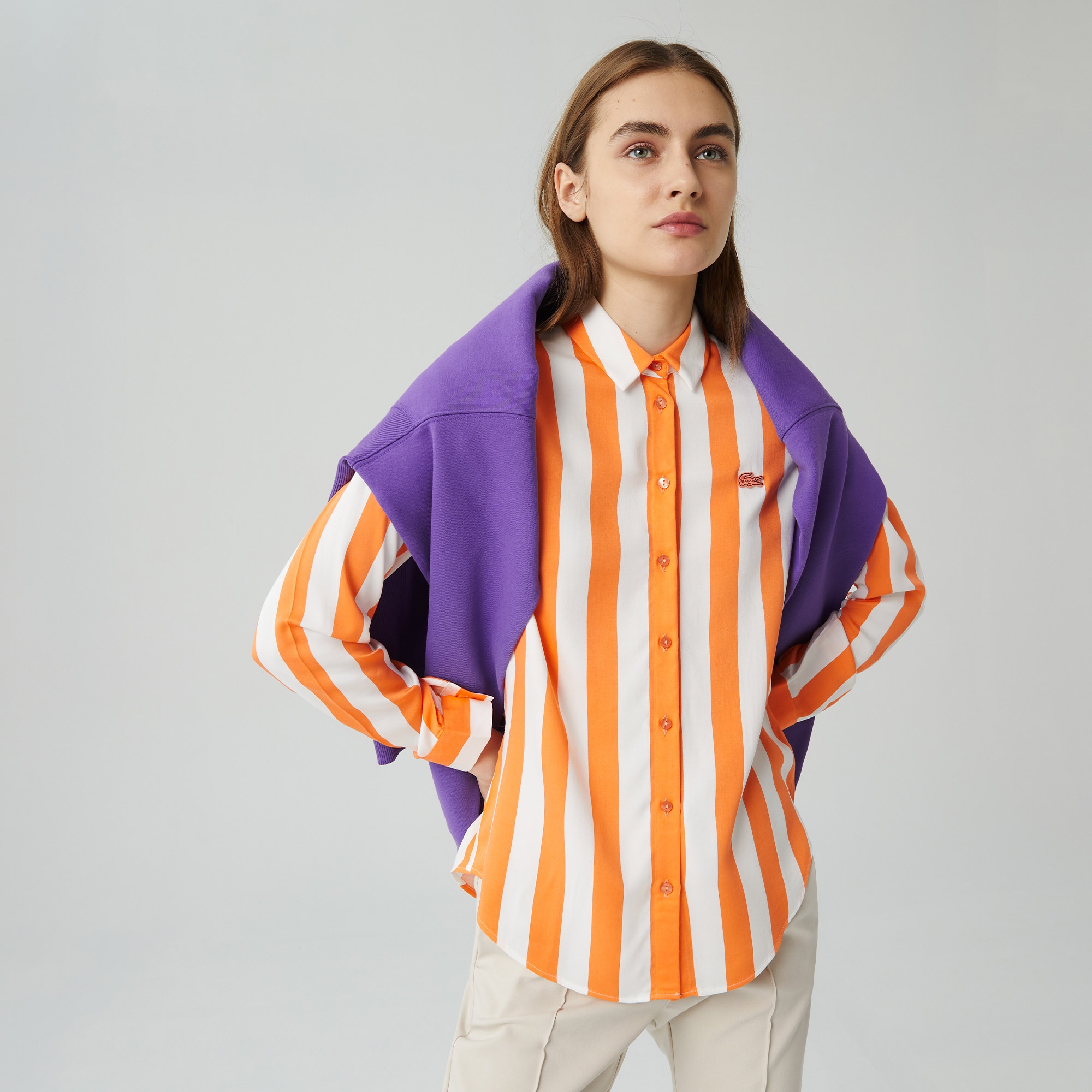 Lacoste Kadın Relaxed Fit Çizgili Turuncu Gömlek