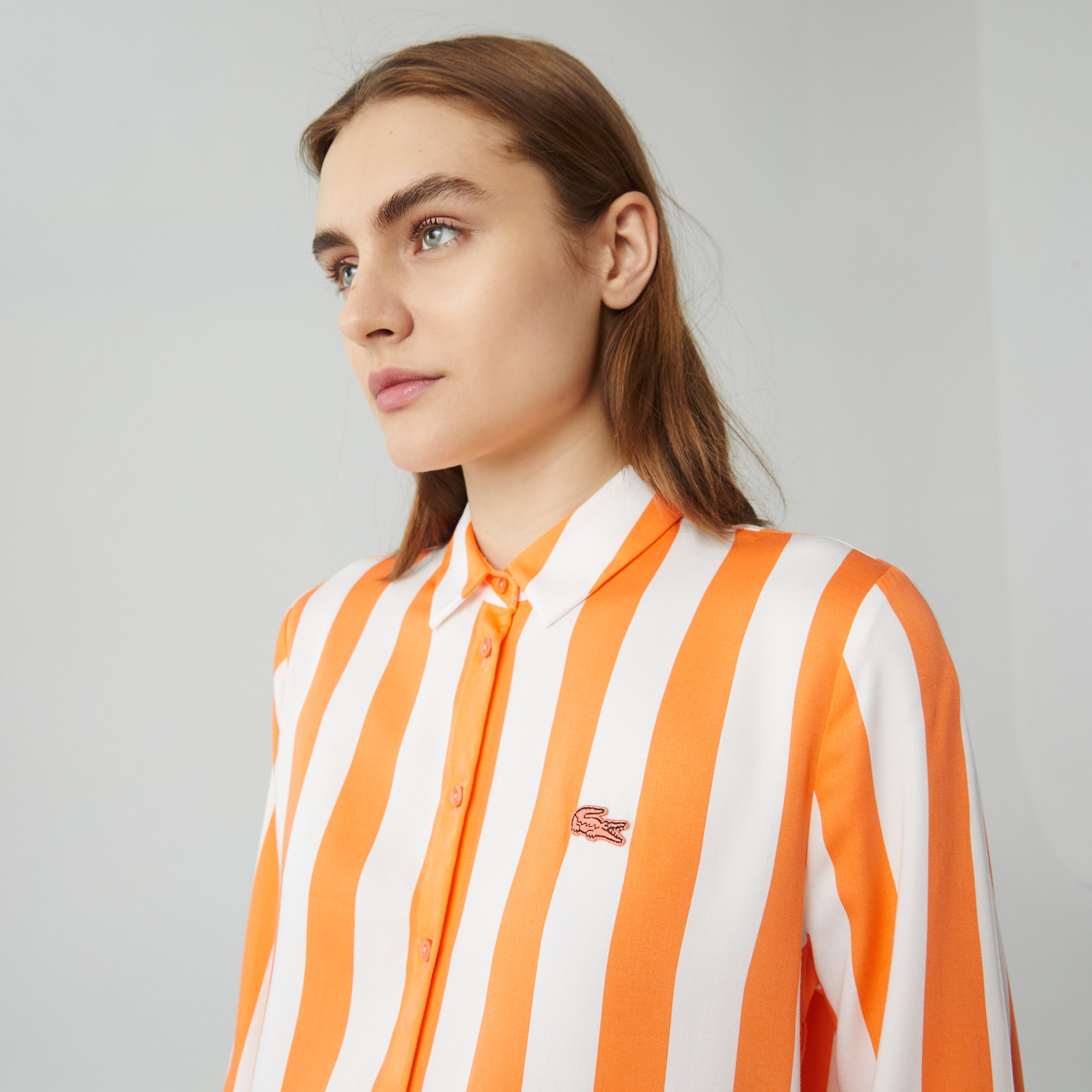 Lacoste Kadın Relaxed Fit Çizgili Turuncu Gömlek