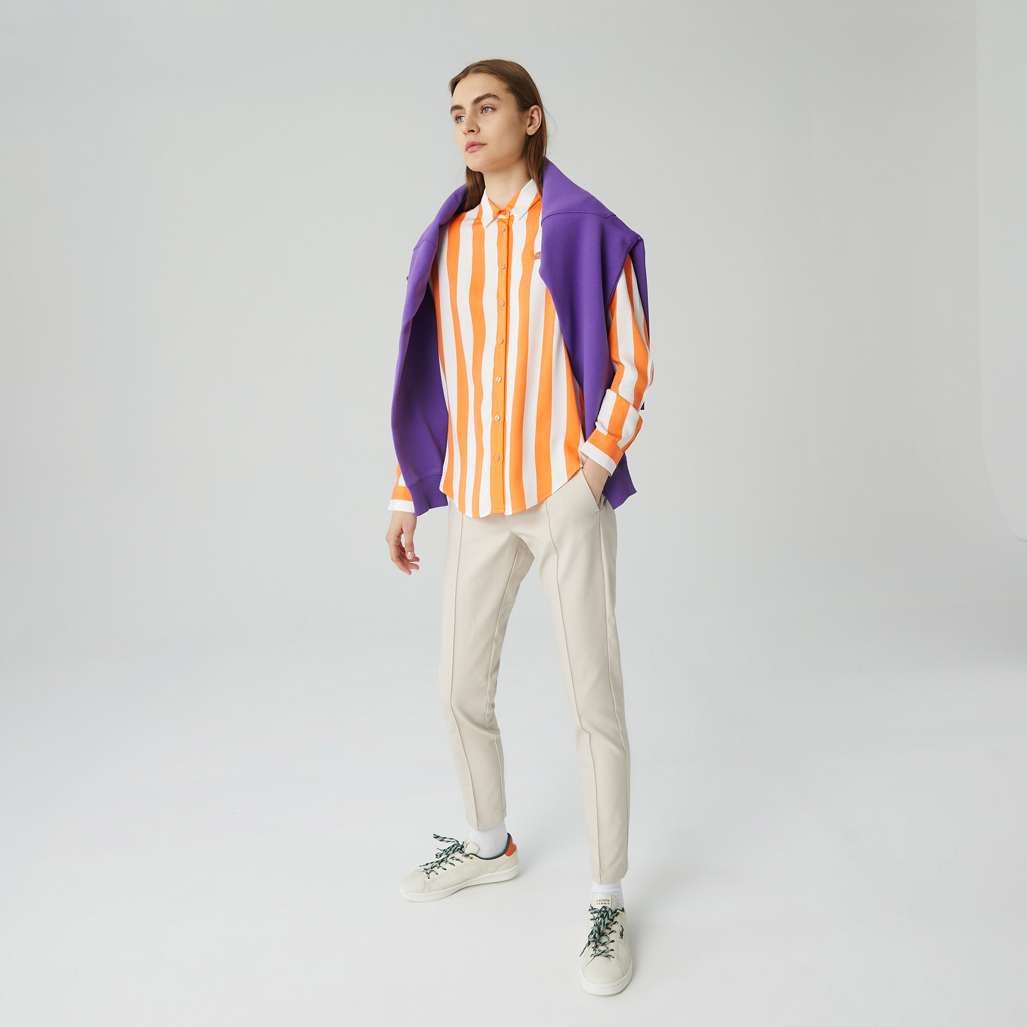 Lacoste Kadın Relaxed Fit Çizgili Turuncu Gömlek