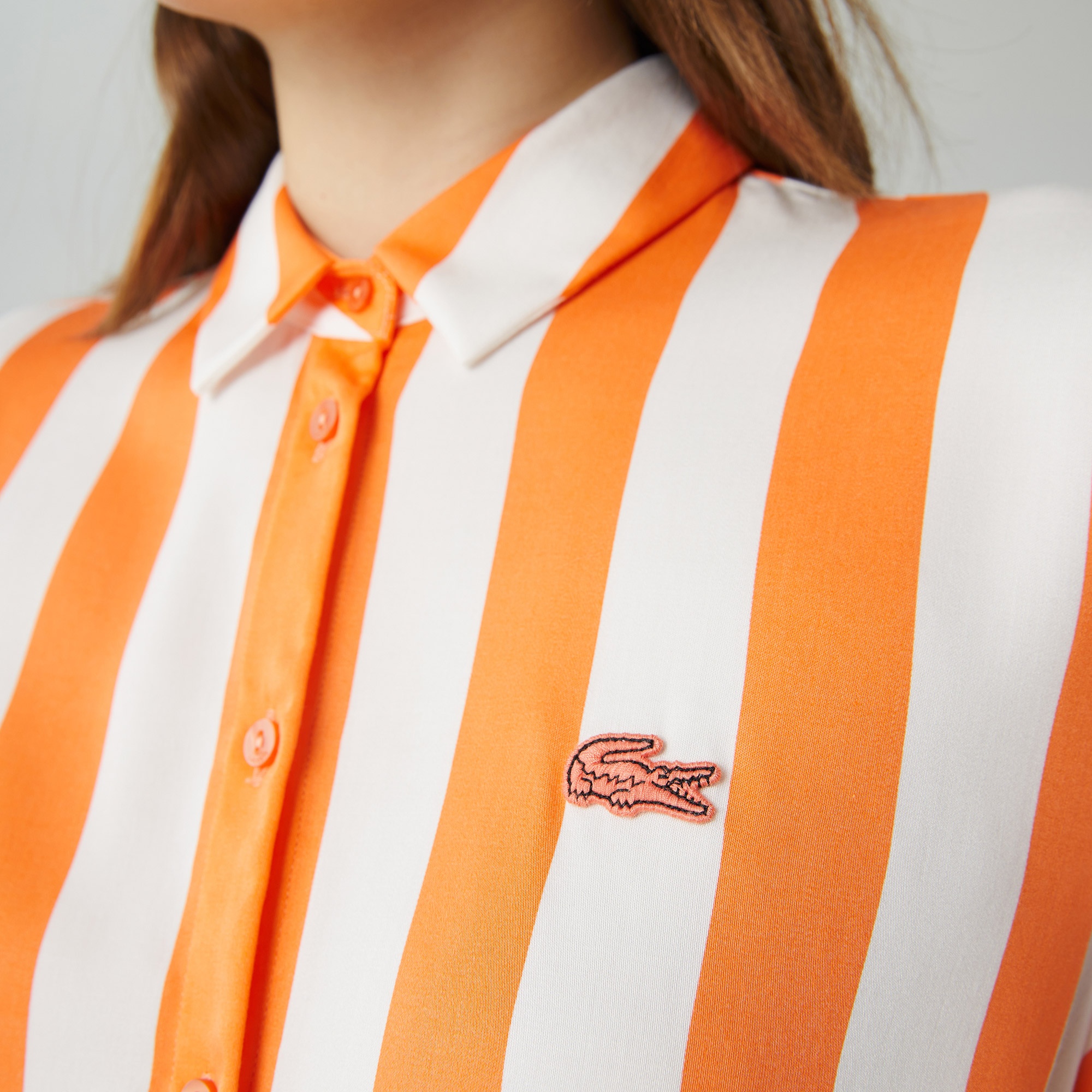 Lacoste Kadın Relaxed Fit Çizgili Turuncu Gömlek