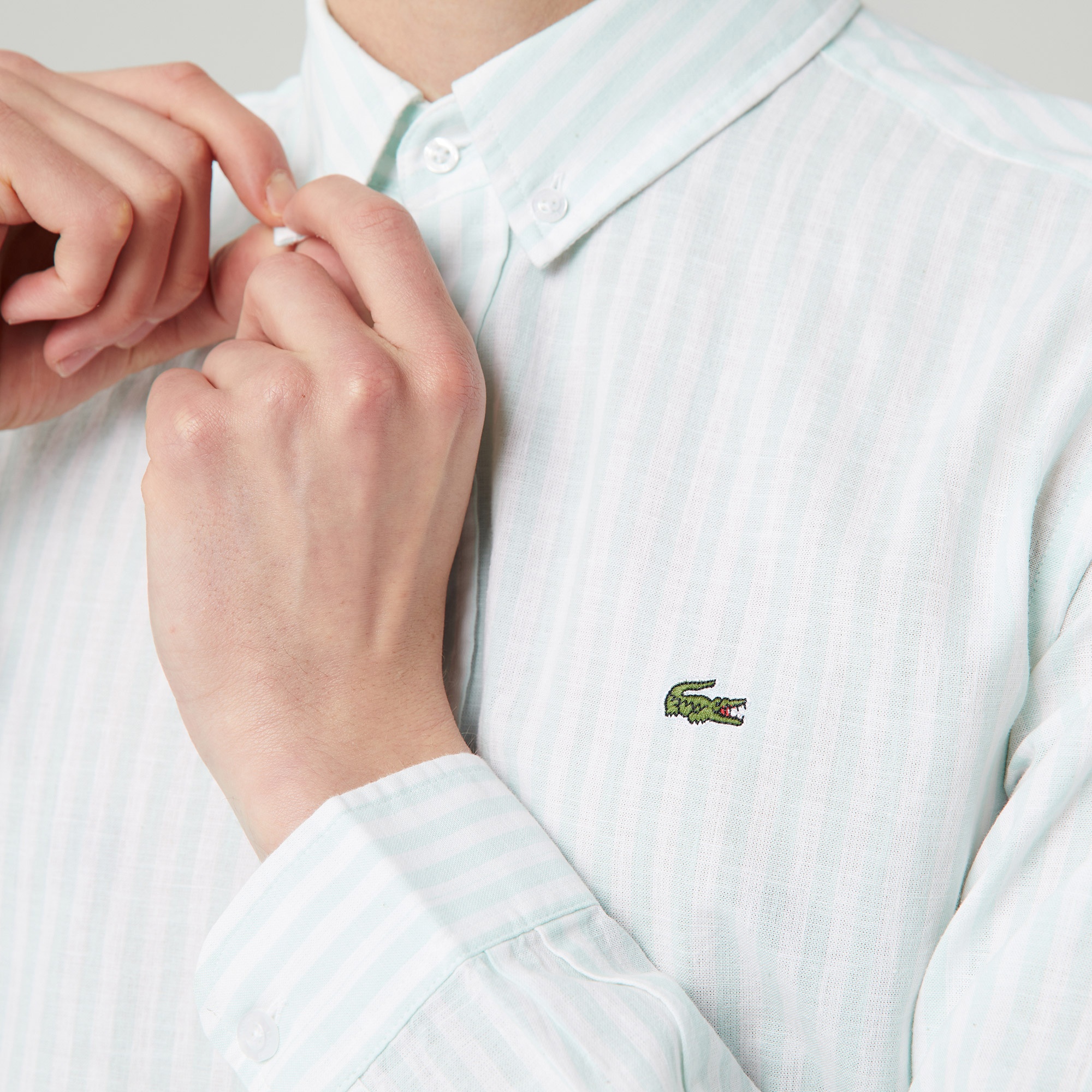 Lacoste Erkek Slim Fit Çizgili Beyaz Gömlek