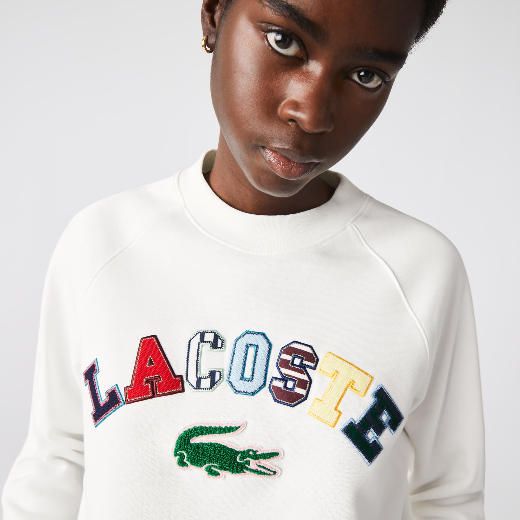 Lacoste Kadın Relaxed Fit Bisiklet Yaka Baskılı Krem Sweatshirt