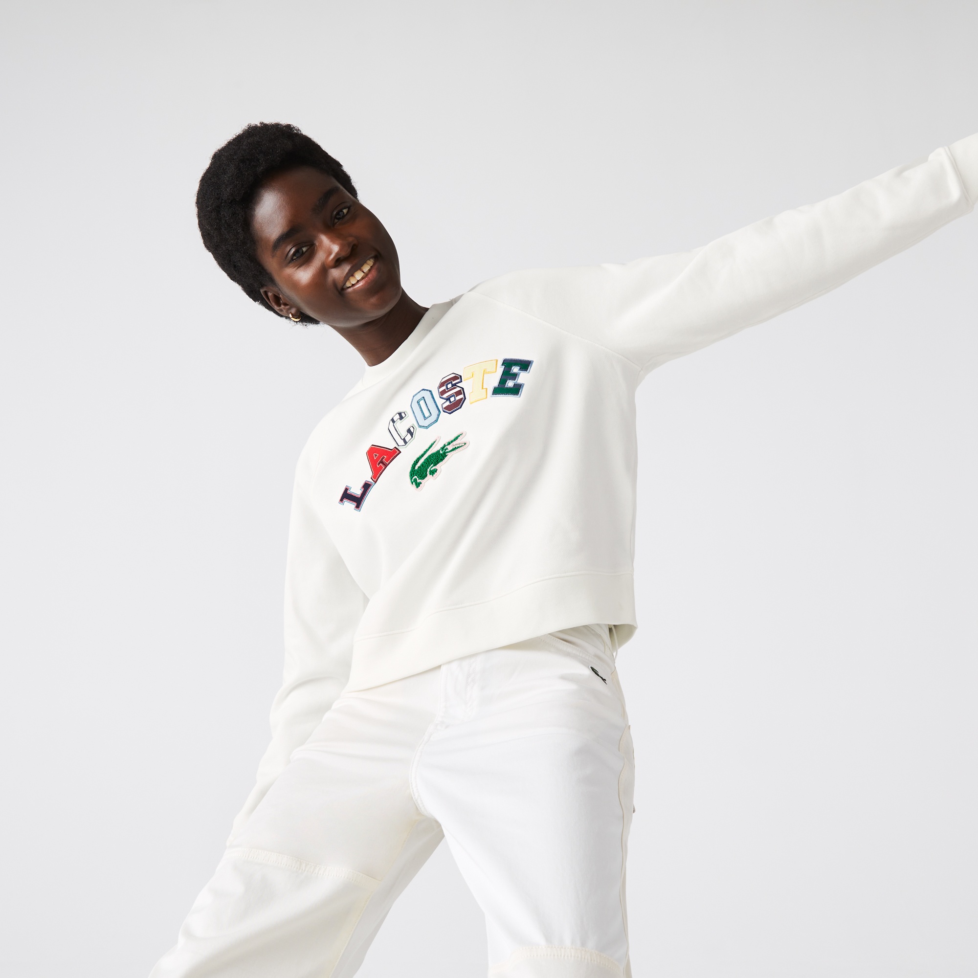 Lacoste Kadın Relaxed Fit Bisiklet Yaka Baskılı Krem Sweatshirt