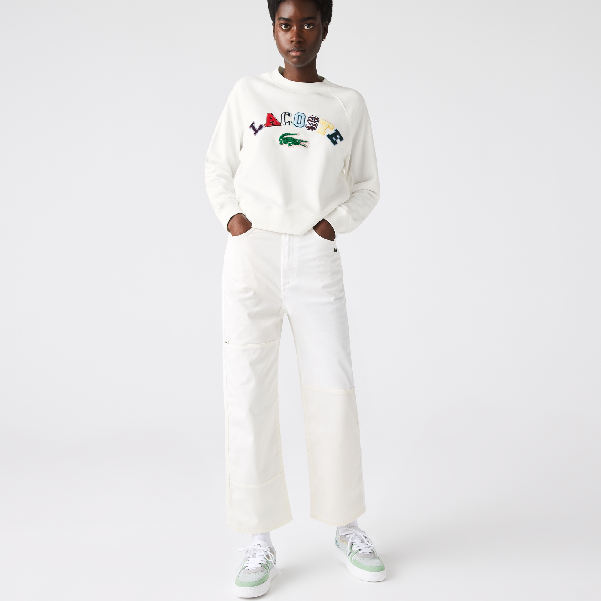Lacoste Kadın Relaxed Fit Bisiklet Yaka Baskılı Krem Sweatshirt