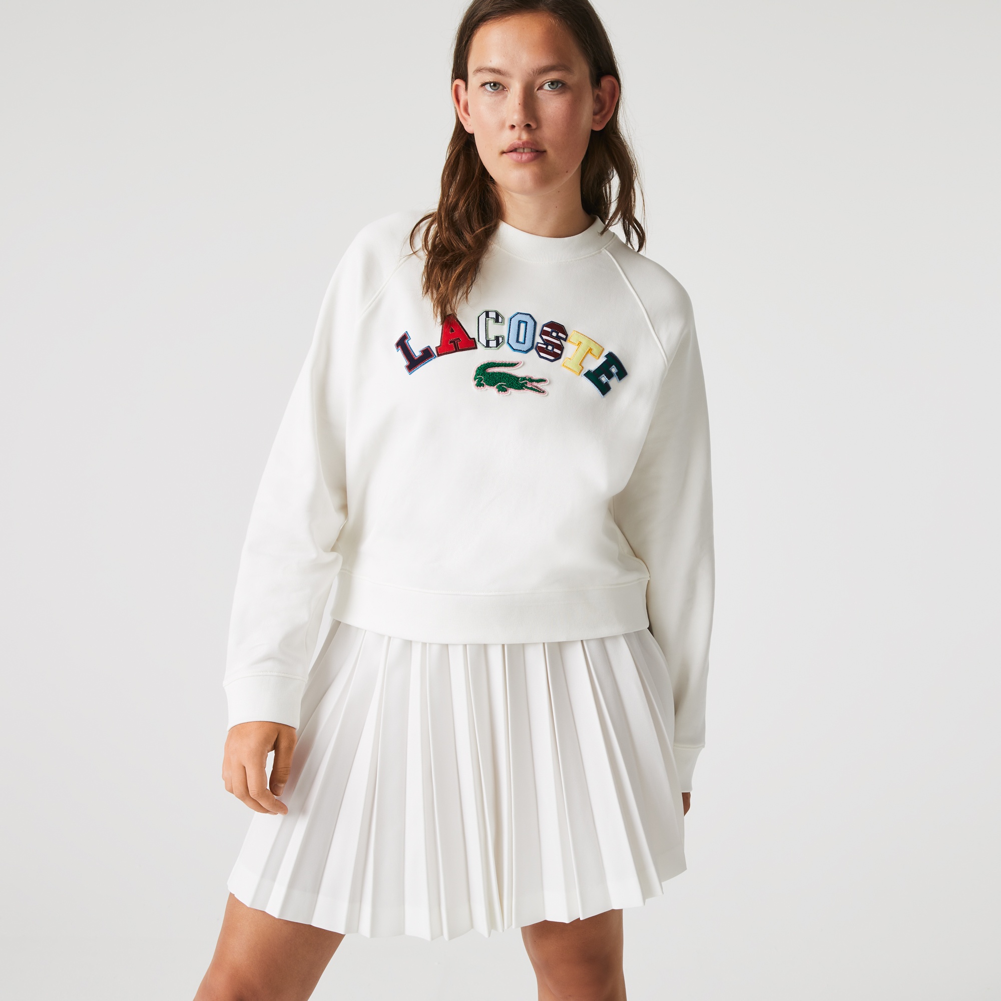 Lacoste Kadın Relaxed Fit Bisiklet Yaka Baskılı Krem Sweatshirt