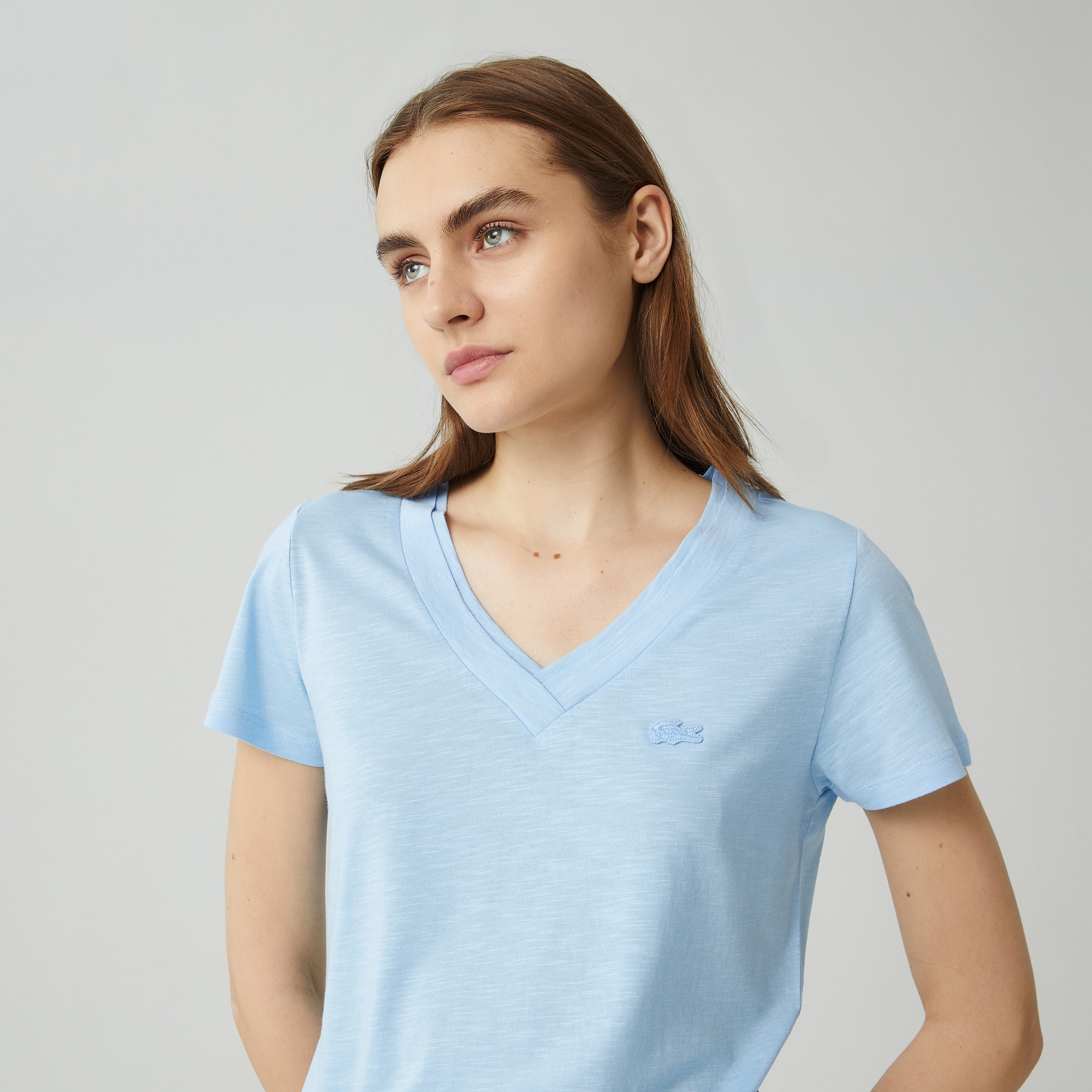 Lacoste Kadın Slim Fit V Yaka Mavi T-Shirt