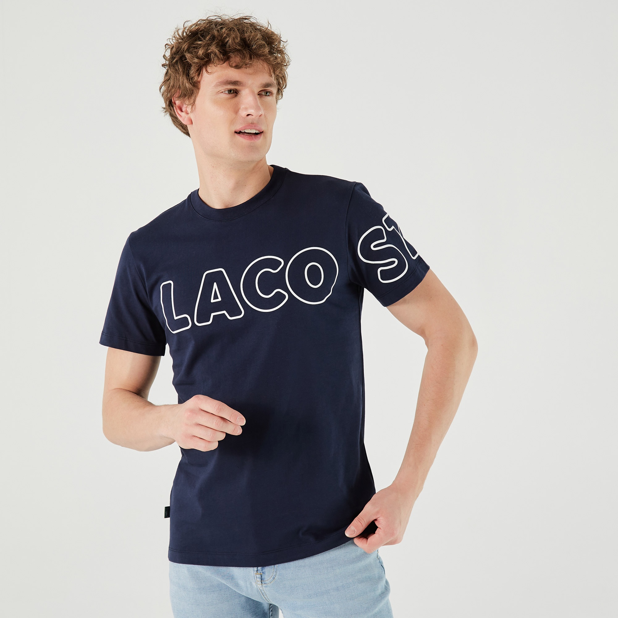 Lacoste Erkek Regular Fit Bisiklet Yaka Baskılı Lacivert T-Shirt