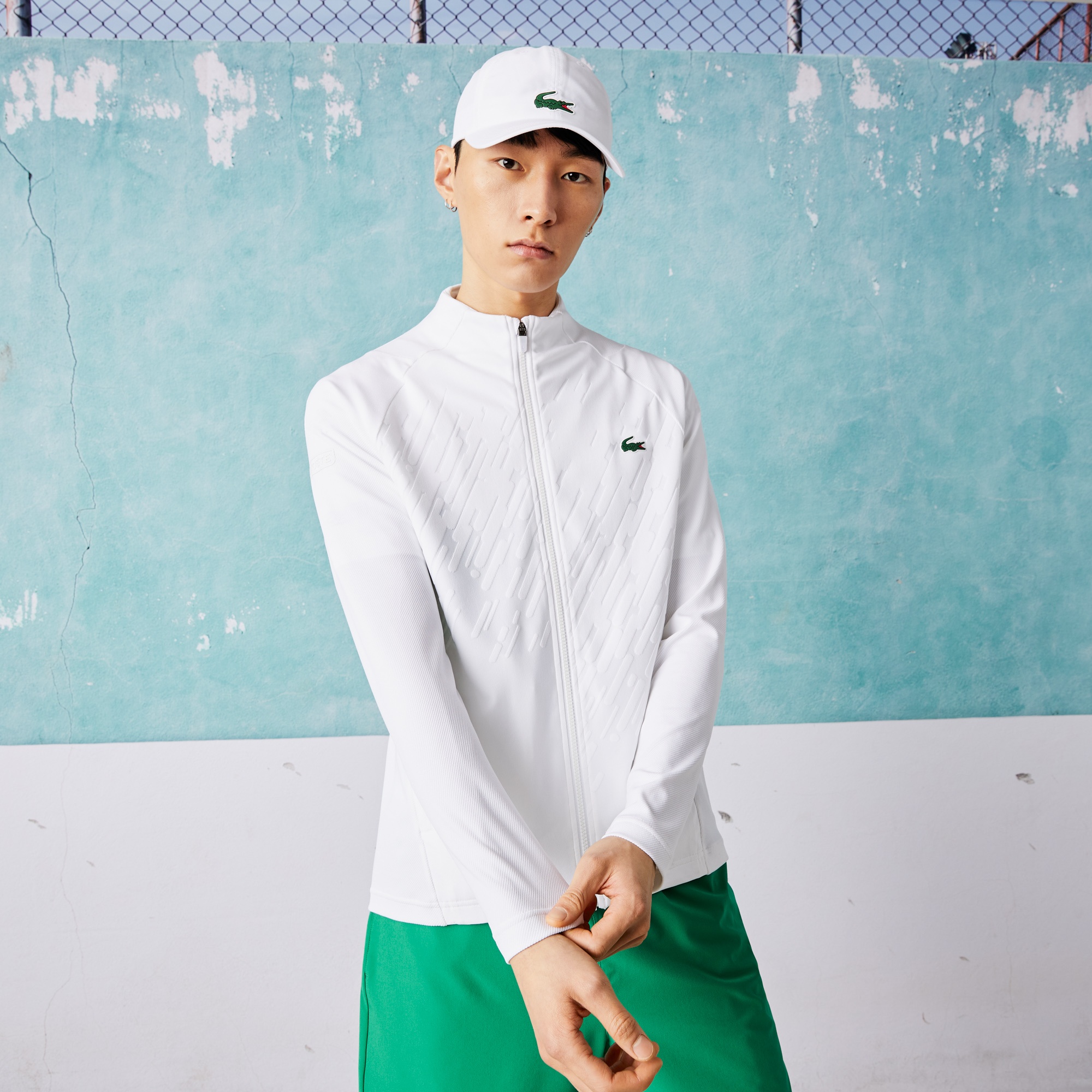Lacoste SPORT x Novak Djokovic Erkek Regular Fit Fermuarlı Desenli Beyaz Sweatshirt