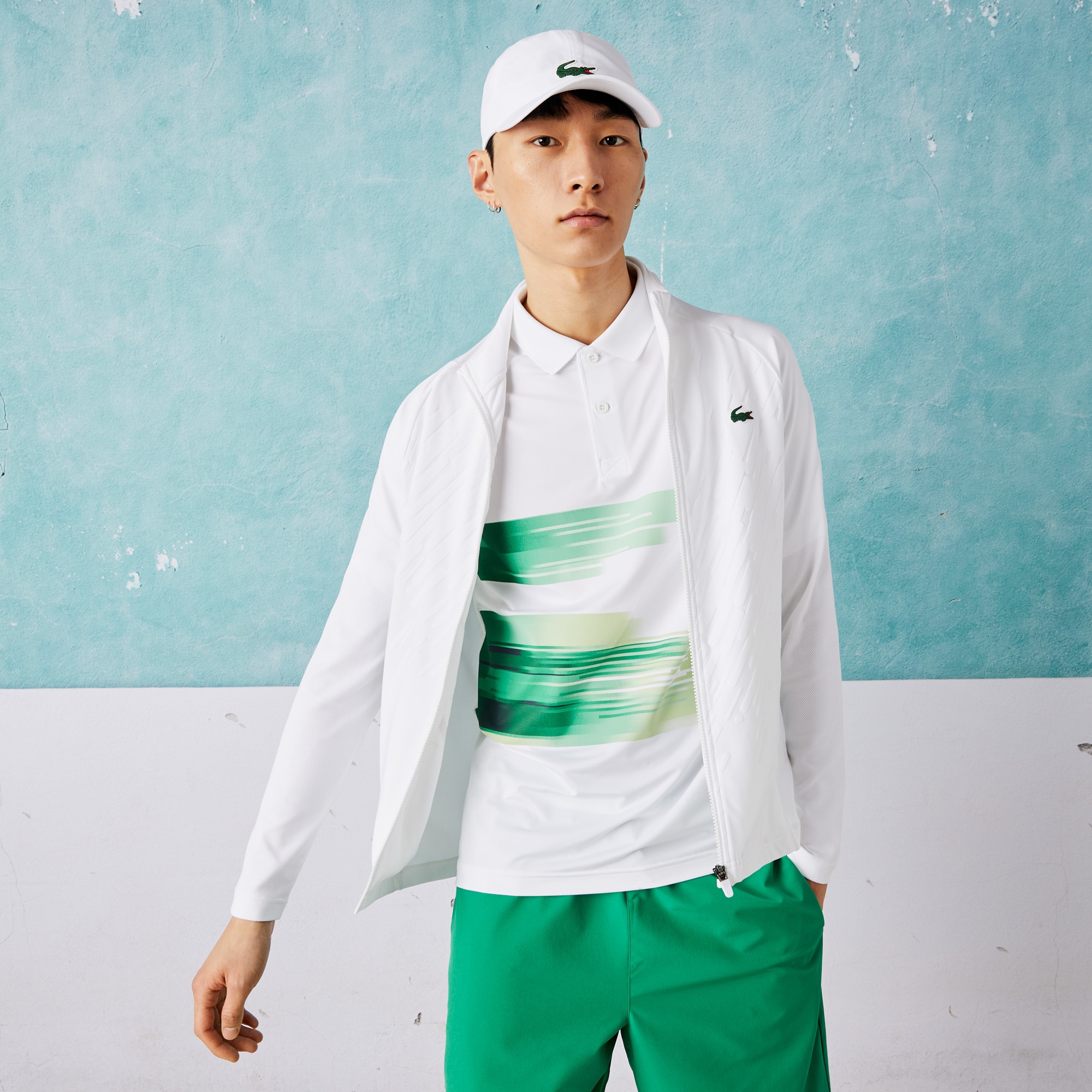 Lacoste SPORT x Novak Djokovic Erkek Regular Fit Fermuarlı Desenli Beyaz Sweatshirt
