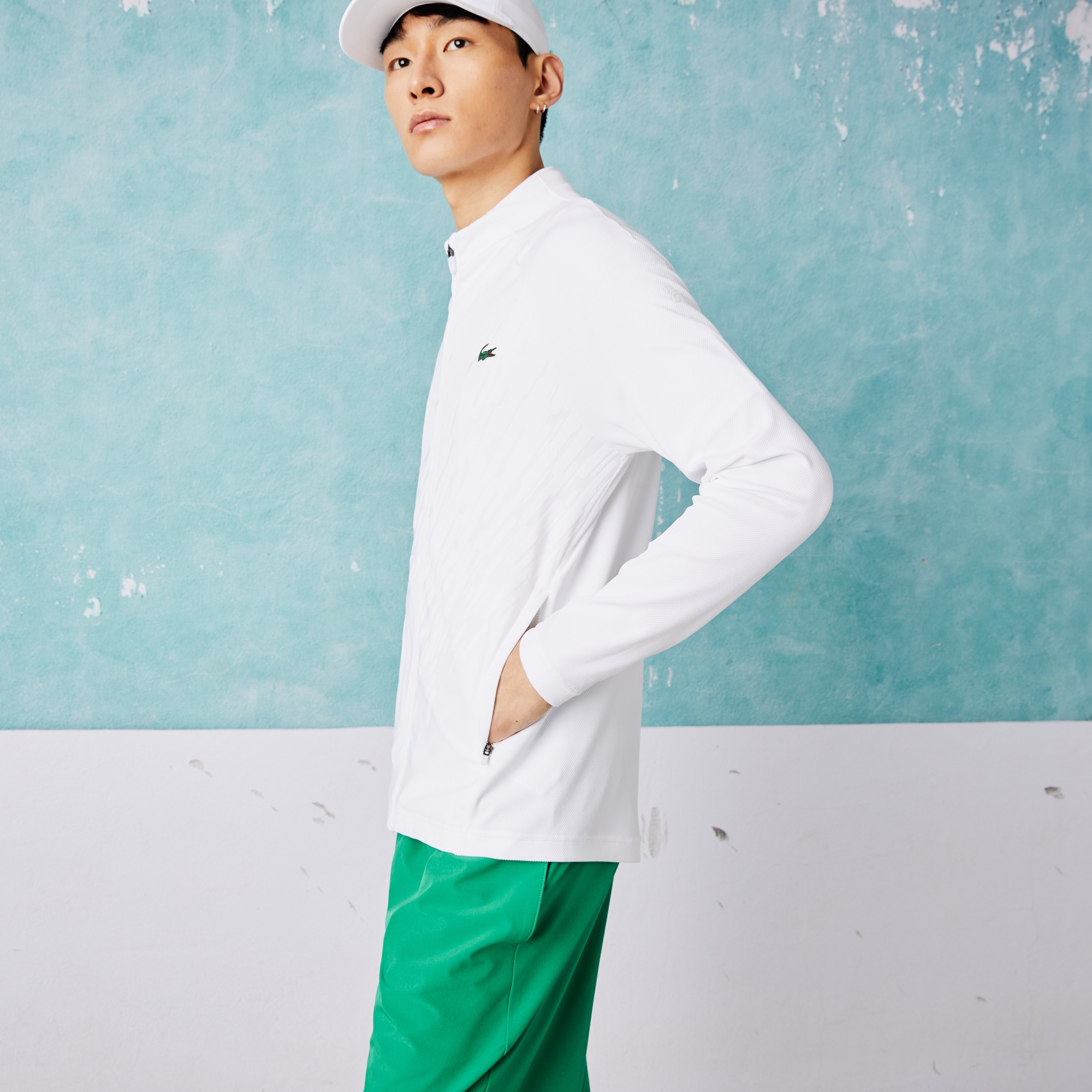 Lacoste SPORT x Novak Djokovic Erkek Regular Fit Fermuarlı Desenli Beyaz Sweatshirt