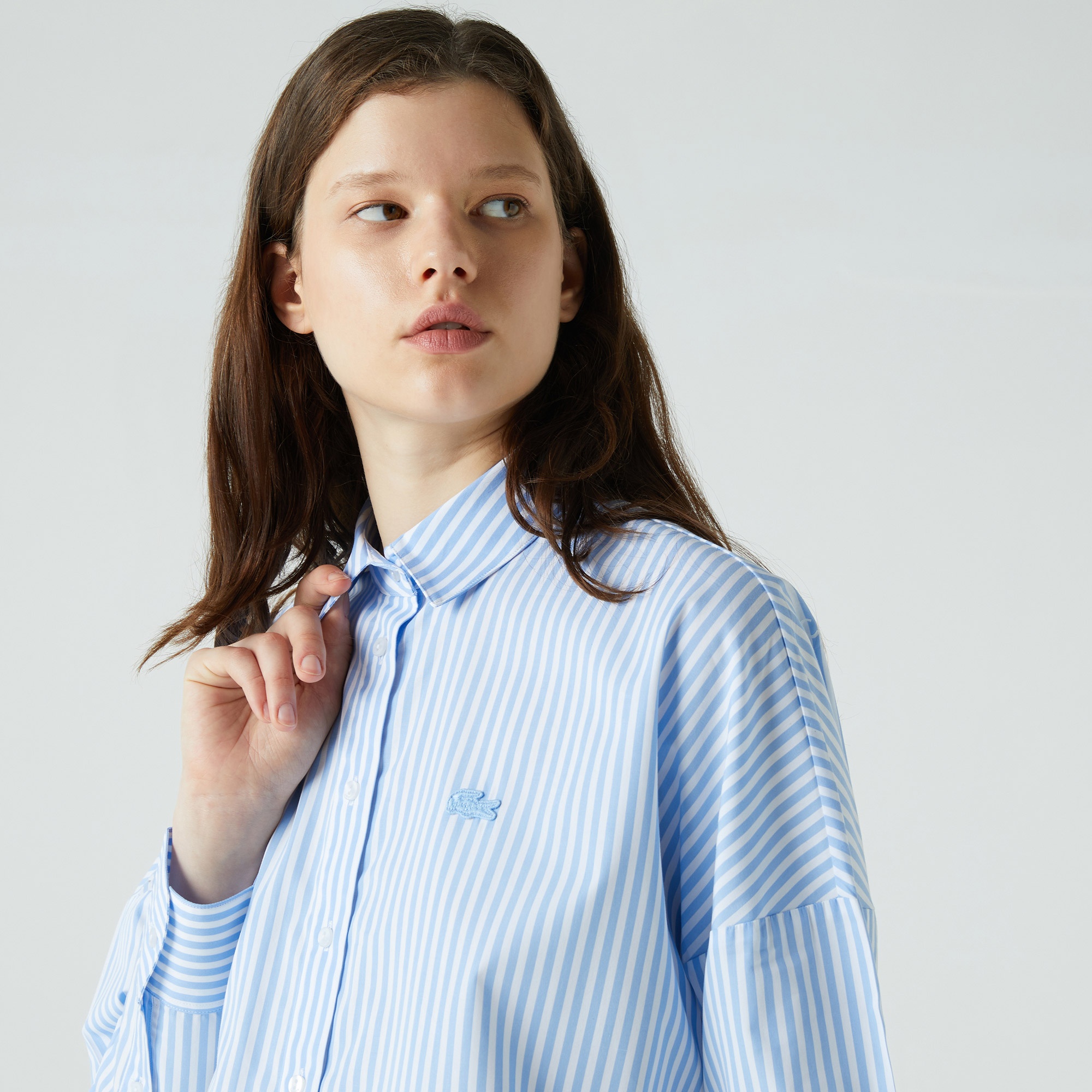 Lacoste Kadın Relaxed Fit Çizgili Mavi Gömlek