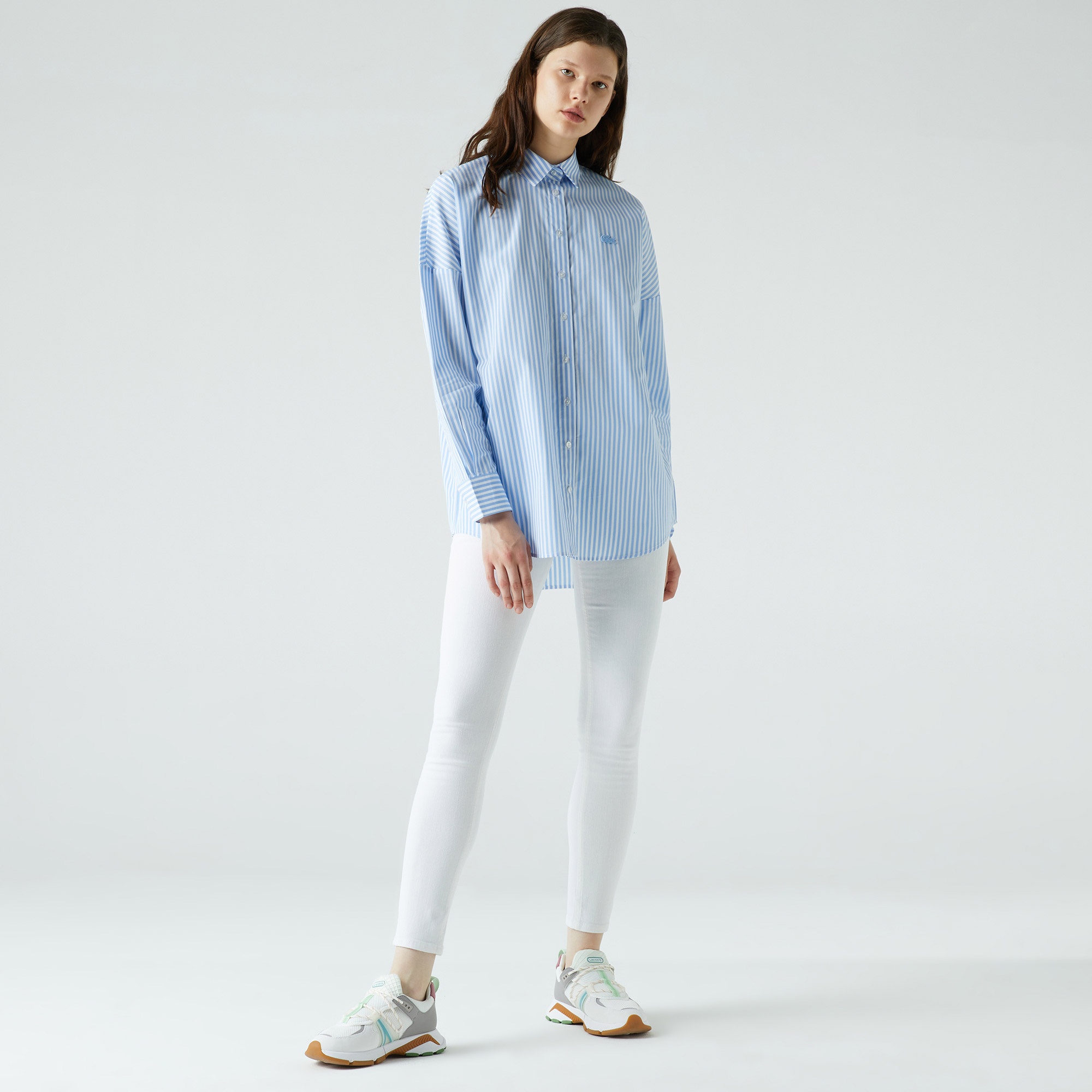 Lacoste Kadın Relaxed Fit Çizgili Mavi Gömlek