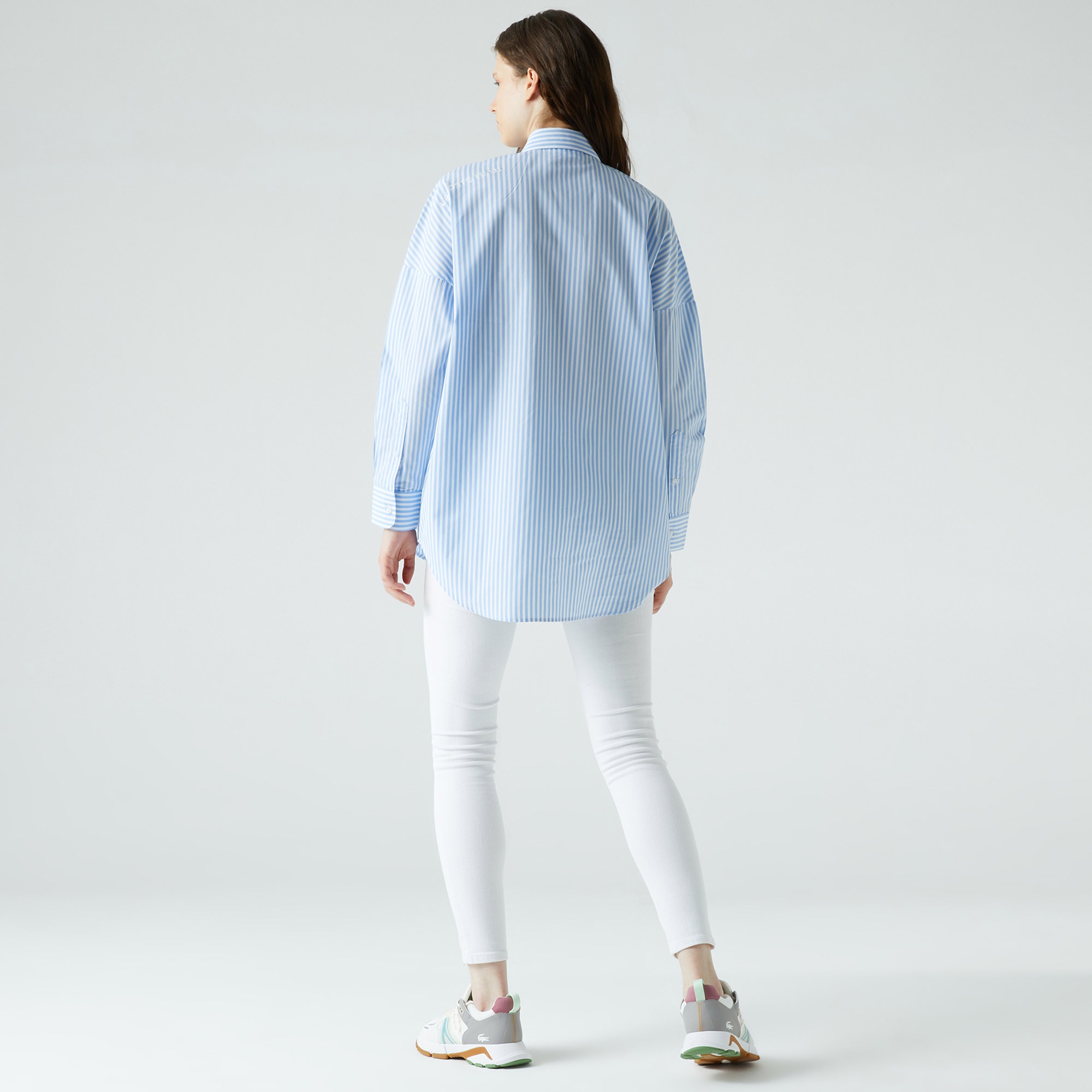 Lacoste Kadın Relaxed Fit Çizgili Mavi Gömlek