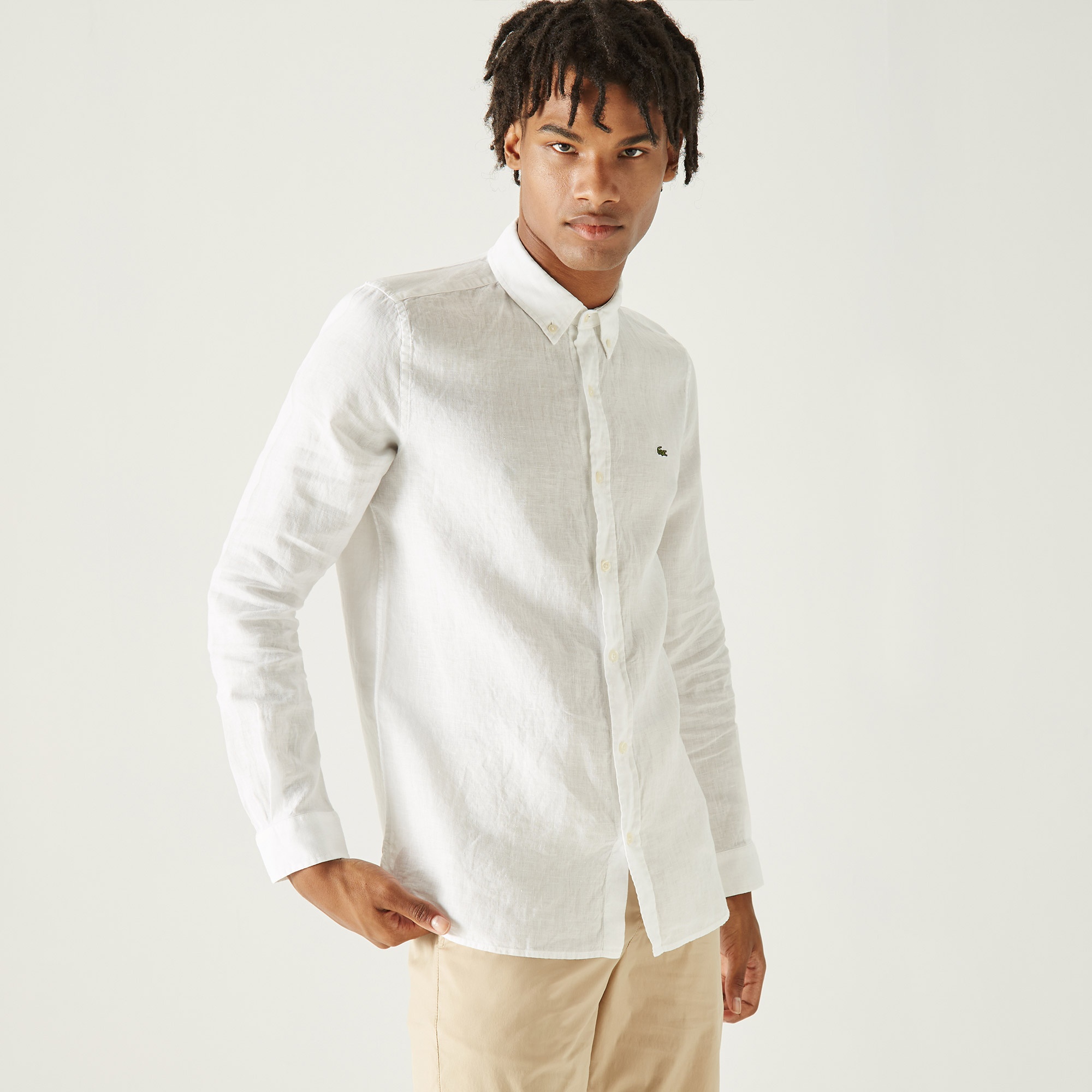Lacoste Erkek Slim Fit Keten Beyaz Gömlek