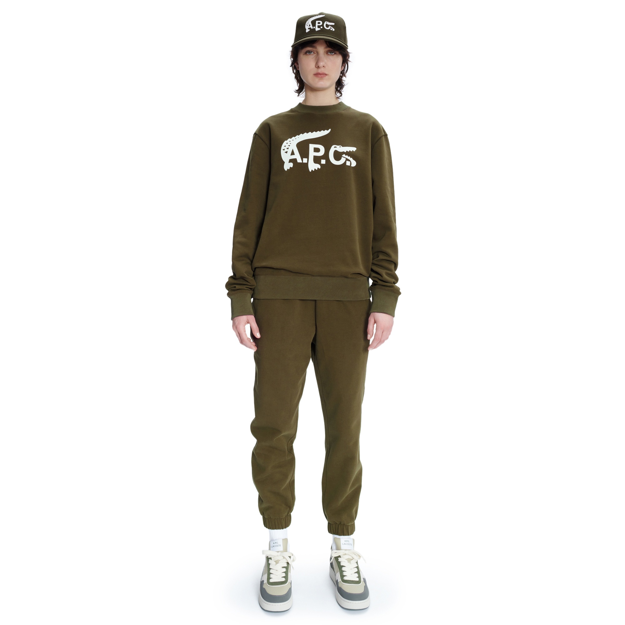 A.P.C. × LACOSTE スウェット Lacoste X A.P.C Unisex Relaxed Fit Bisiklet Yaka Baskılı Haki