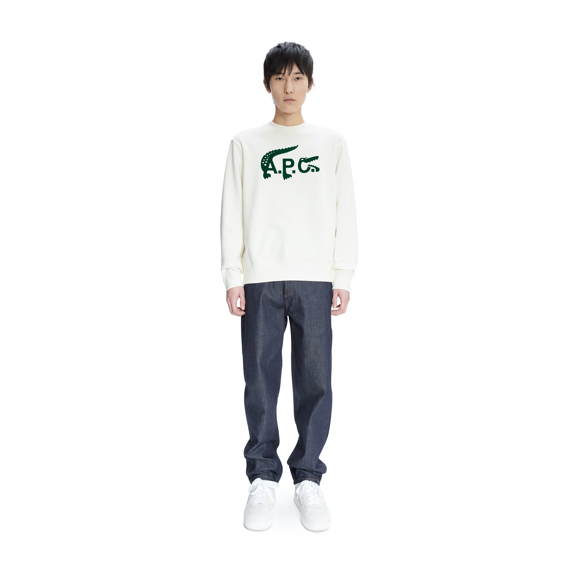 Lacoste X A.P.C Unisex Relaxed Fit Bisiklet Yaka Baskılı Beyaz