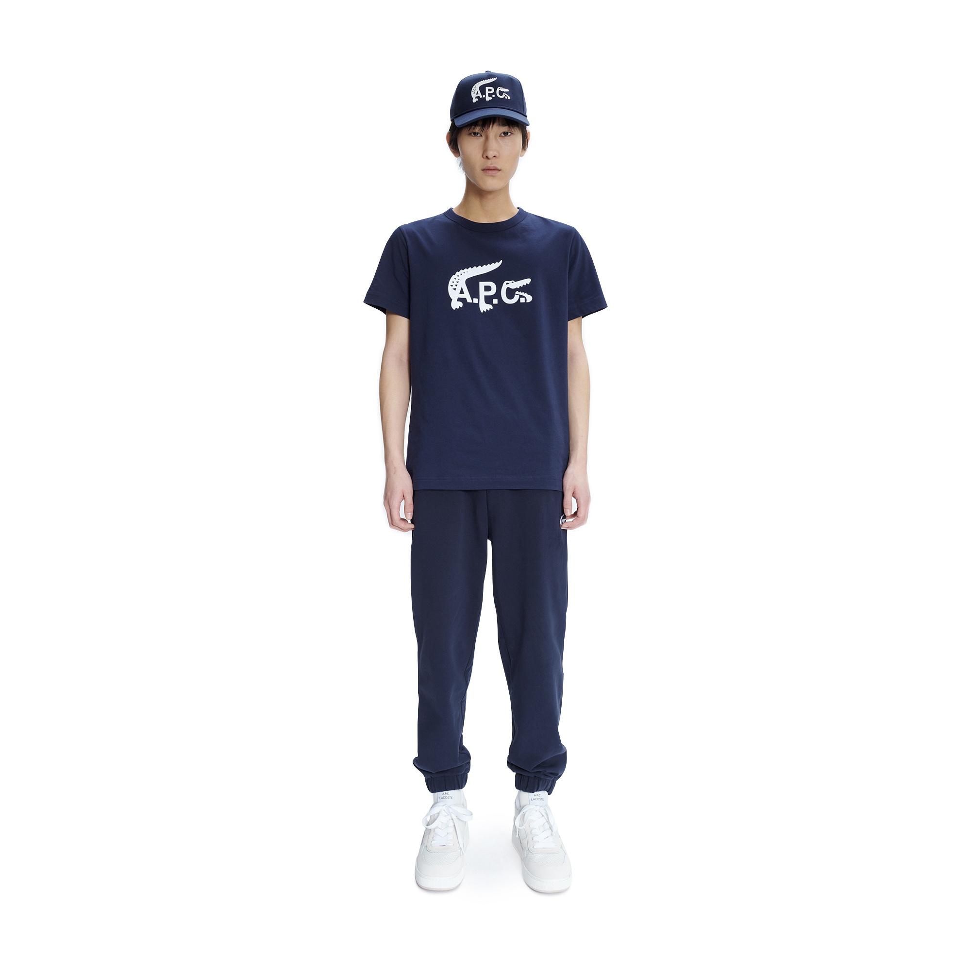 Lacoste X A.P.C Unisex Relaxed Fit Bisiklet Yaka Baskılı Lacivert