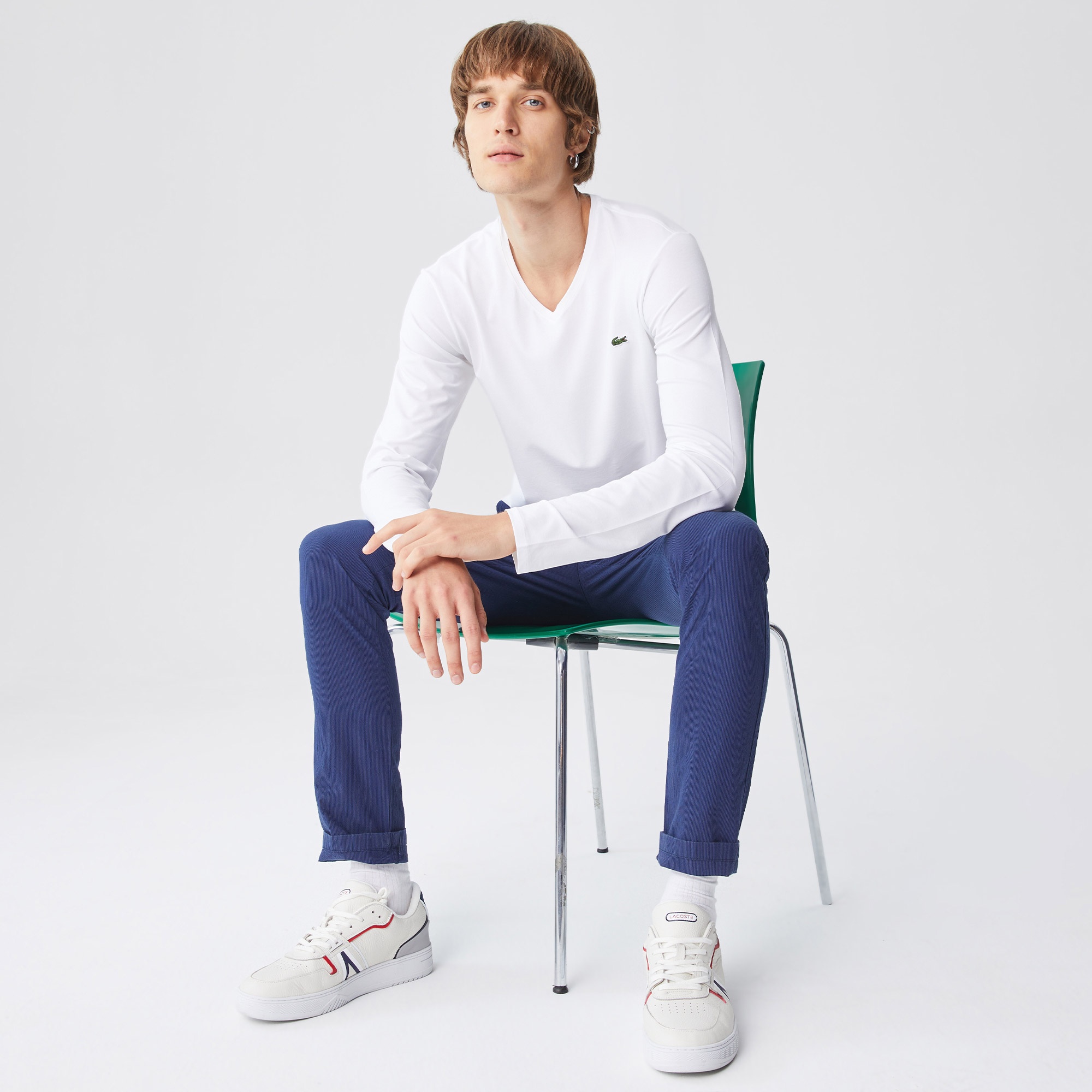 Lacoste Erkek Regular Fit Uzun Kollu V Yaka Beyaz T-Shirt