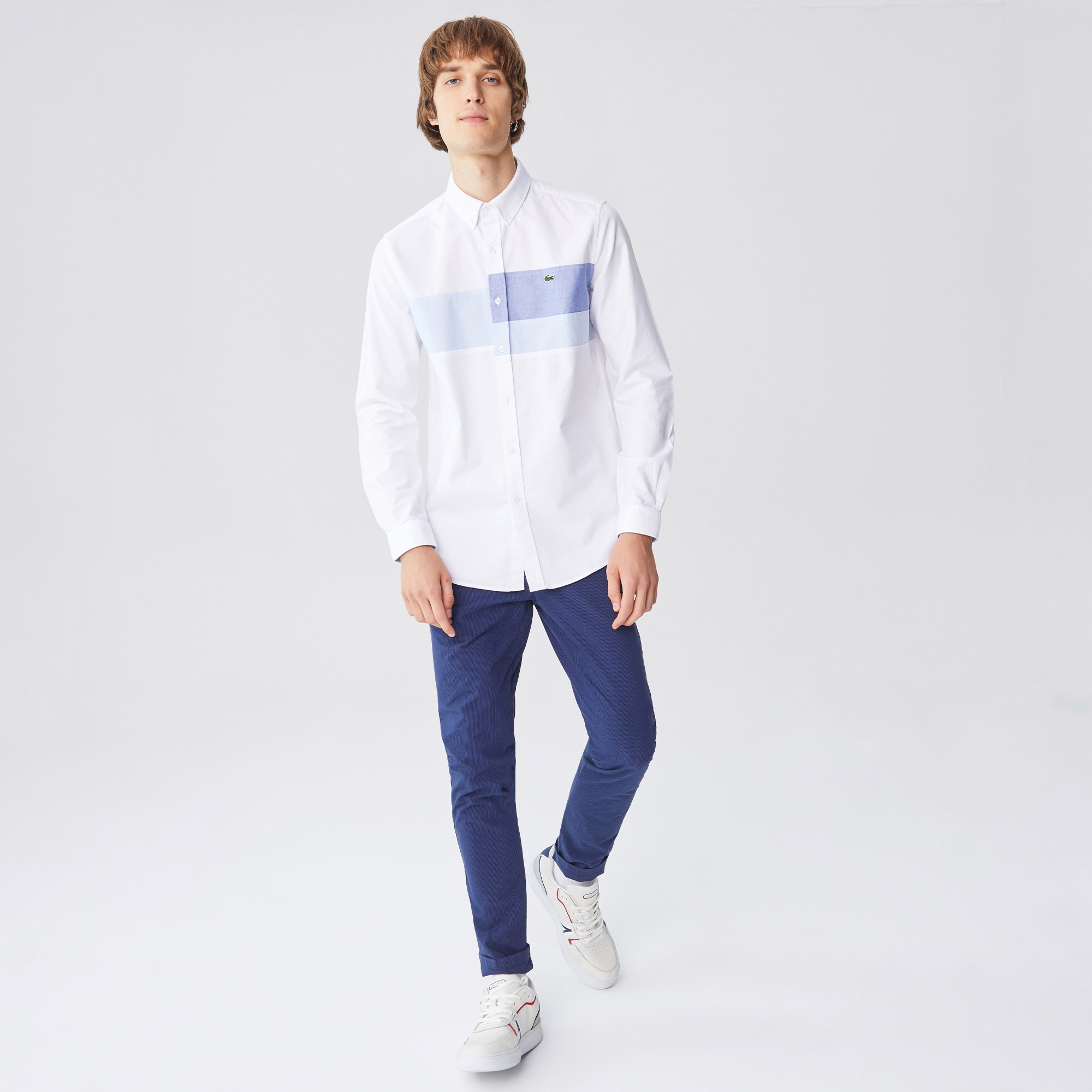 Lacoste Erkek Slim Fit Çizgili Beyaz Gömlek