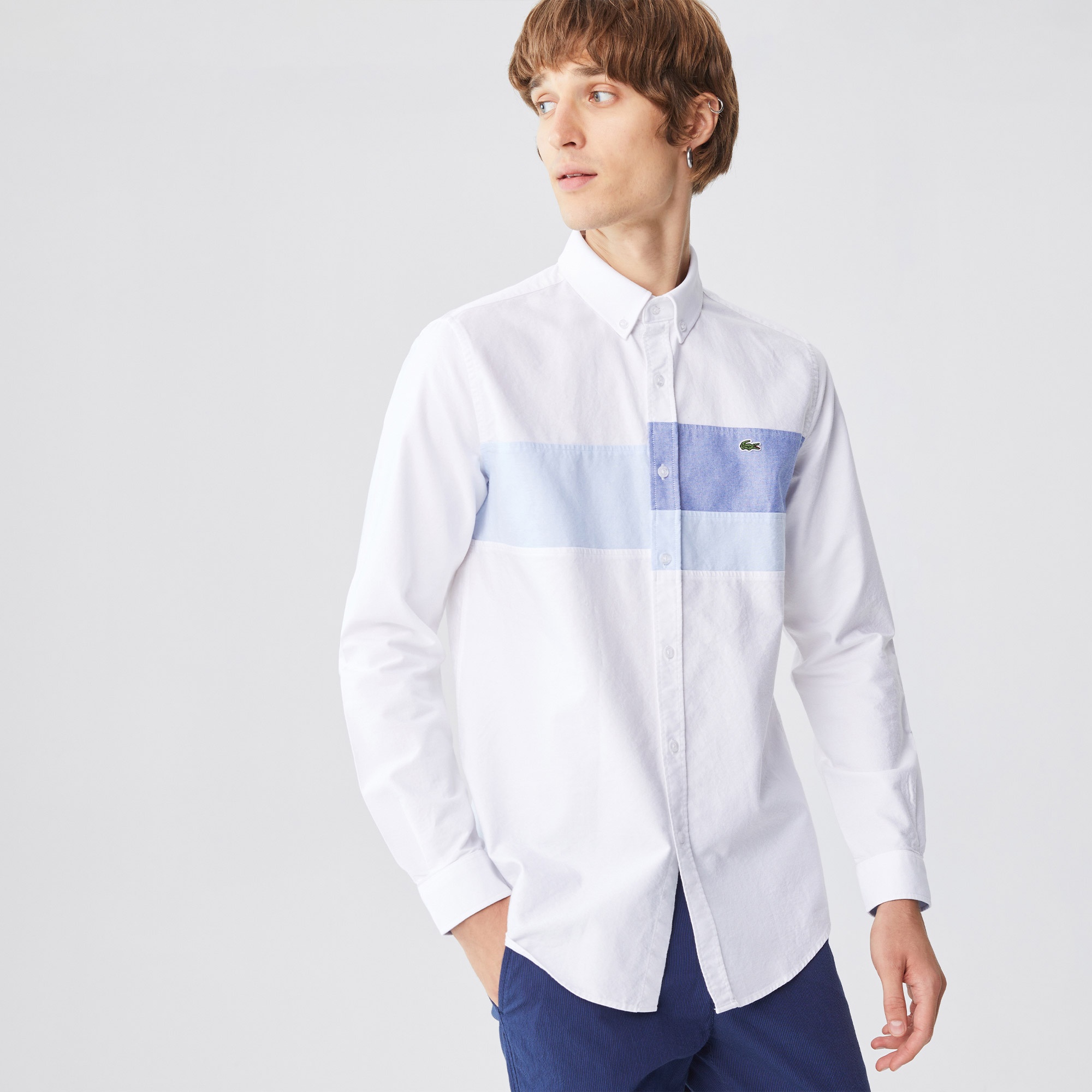 Lacoste Erkek Slim Fit Çizgili Beyaz Gömlek