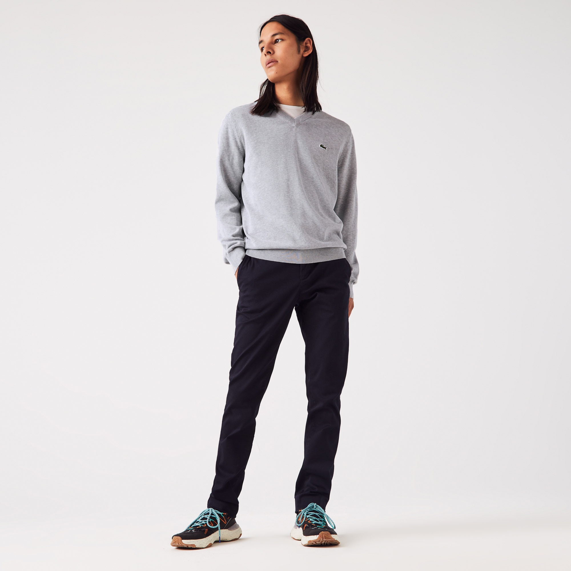Lacoste Erkek Regular Fit V Yaka Organik Pamuk Gri Triko