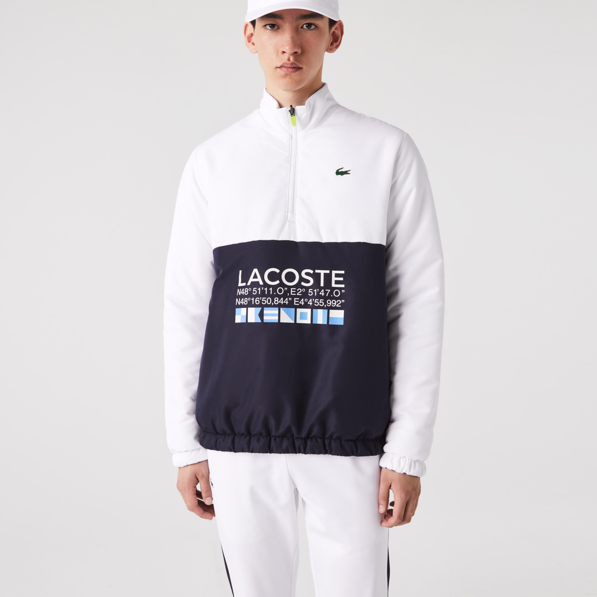 Lacoste SPORT Erkek Dik Yaka Suya Dayanıklı Çift Taraflı Baskılı Beyaz Ceket