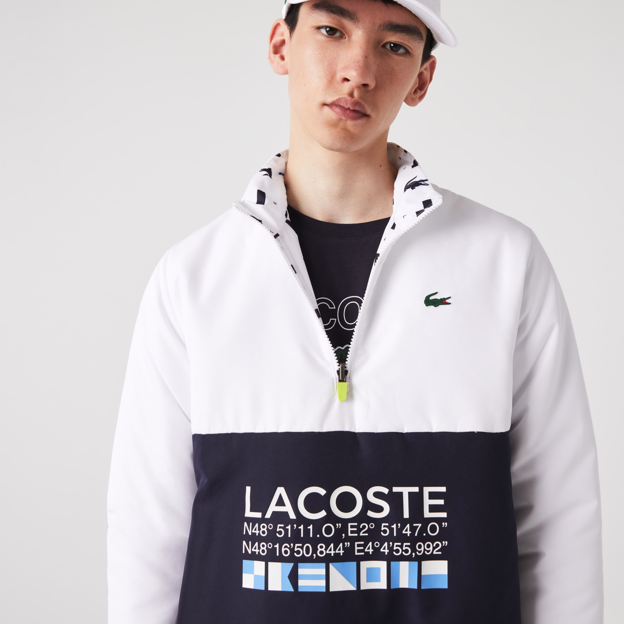 Lacoste SPORT Erkek Dik Yaka Suya Dayanıklı Çift Taraflı Baskılı Beyaz Ceket