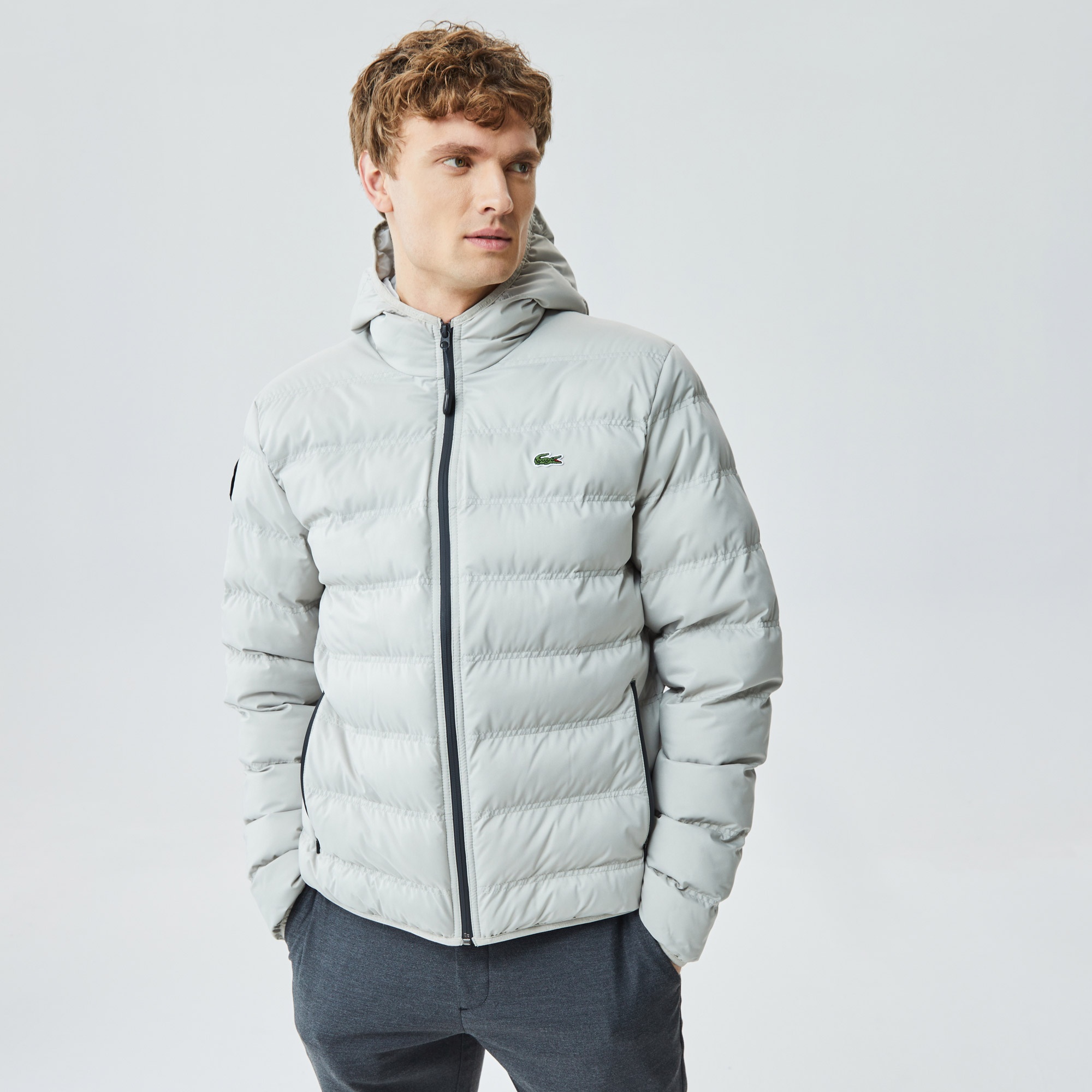 Lacoste Erkek Kapüşonlu Kapitone Gri Mont